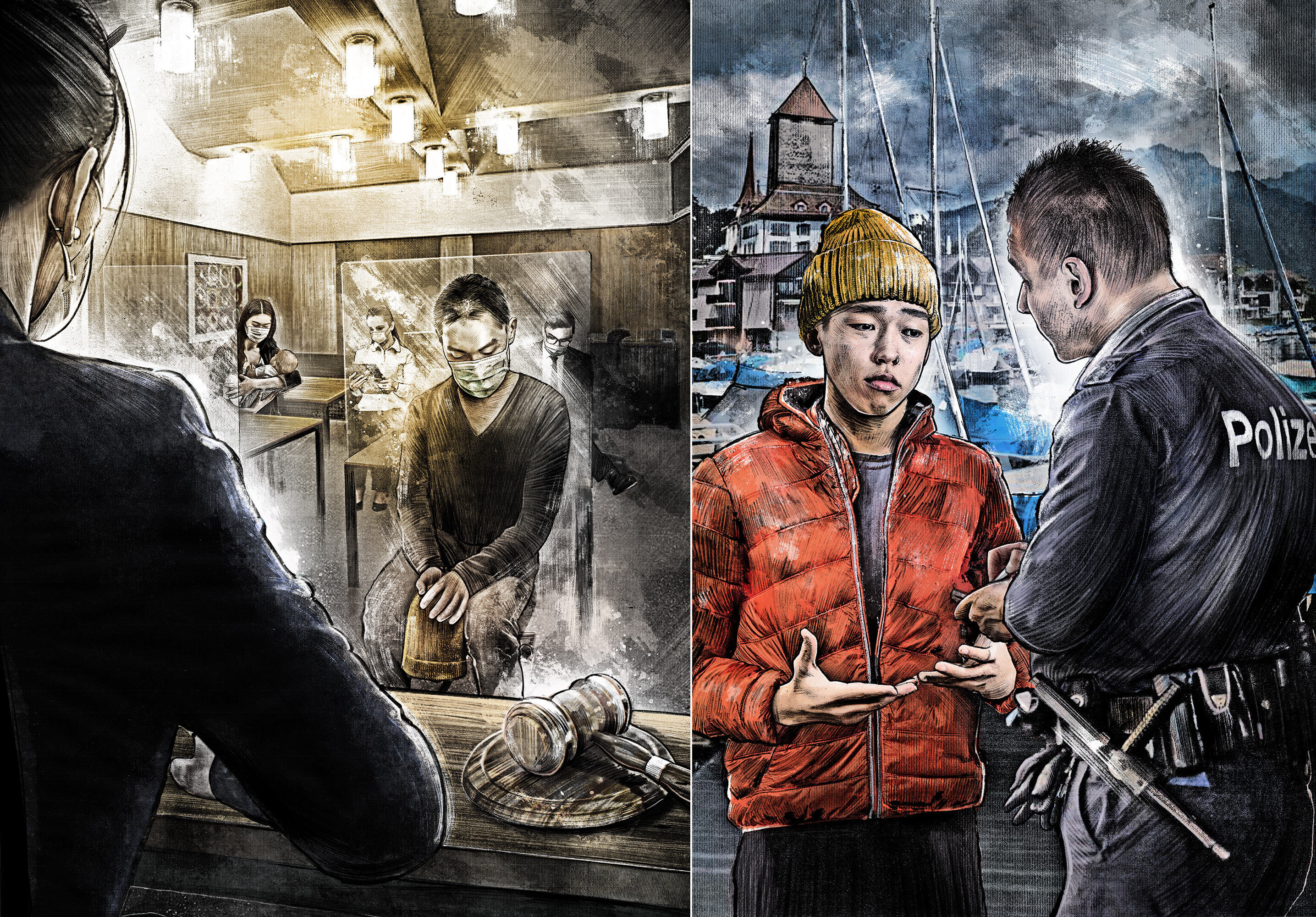 Gerichts court illustration zeichnung refugee tibet tibeter verurteilt editorial - Kornel Illustration | Kornel Stadler portfolio