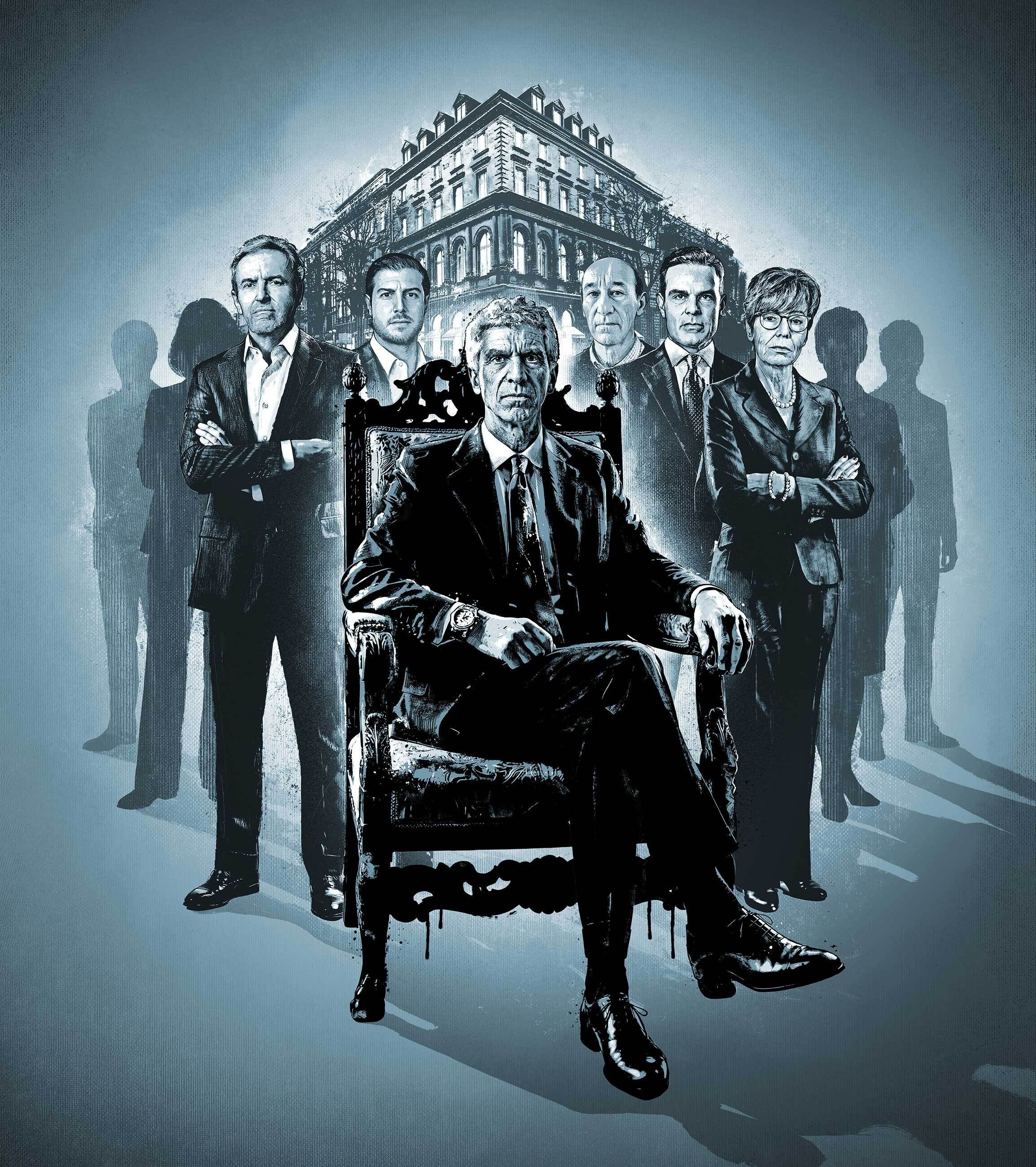 Baer Clan Bank Dynastie Bahnhofstrasse magazine magazin cover editorial illustration bilanz schweizer wirtschaftsmagazin Mike Raymond Julian Monique Andreas Marc zurich - Kornel Illustration | Kornel Stadler portfolio