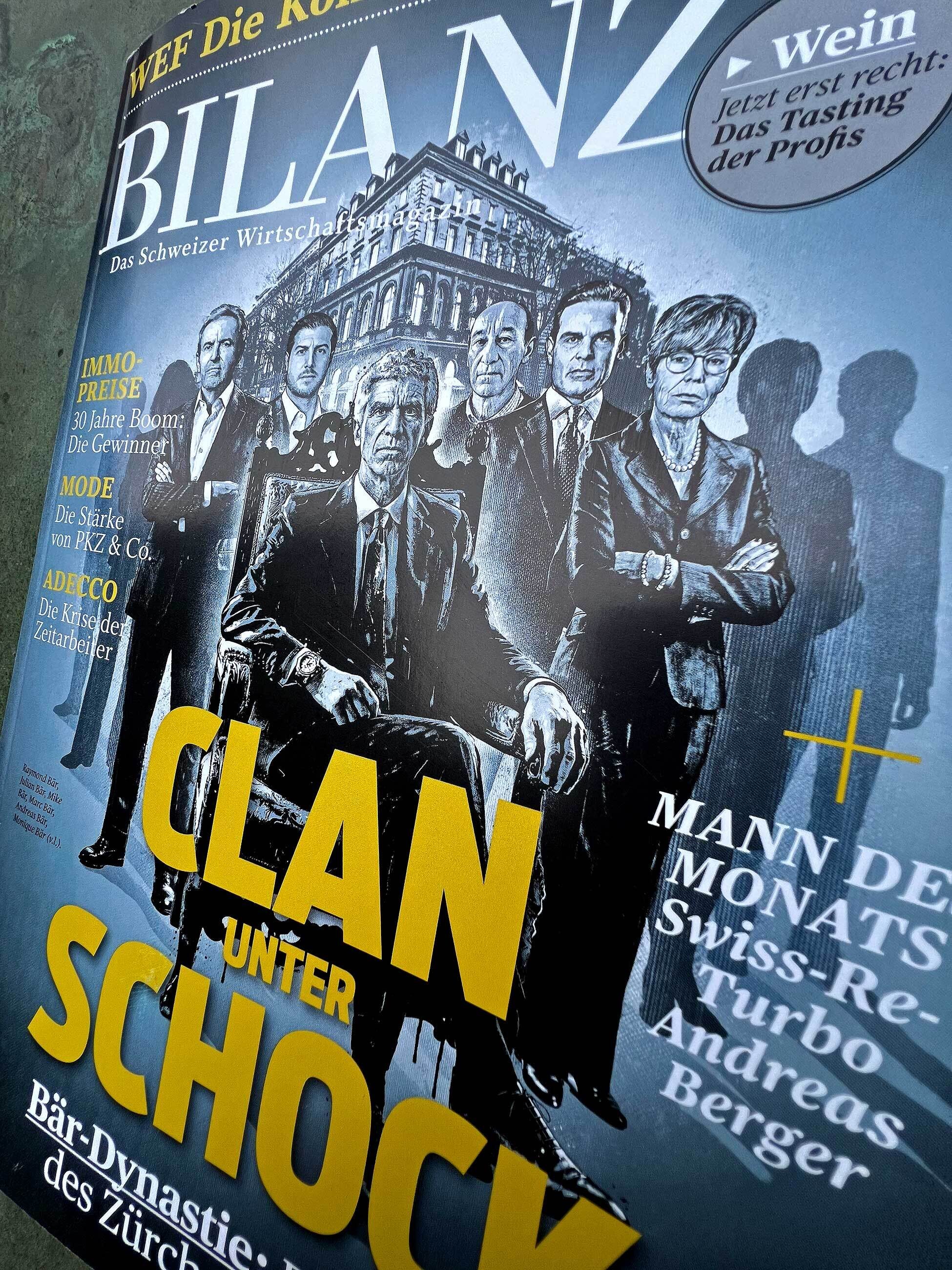 Baer Clan Bank Dynastie Bahnhofstrasse magazine magazin cover editorial illustration bilanz schweizer wirtschaftsmagazin Mike Raymond Julian Monique Andreas Marc - Kornel Illustration | Kornel Stadler portfolio