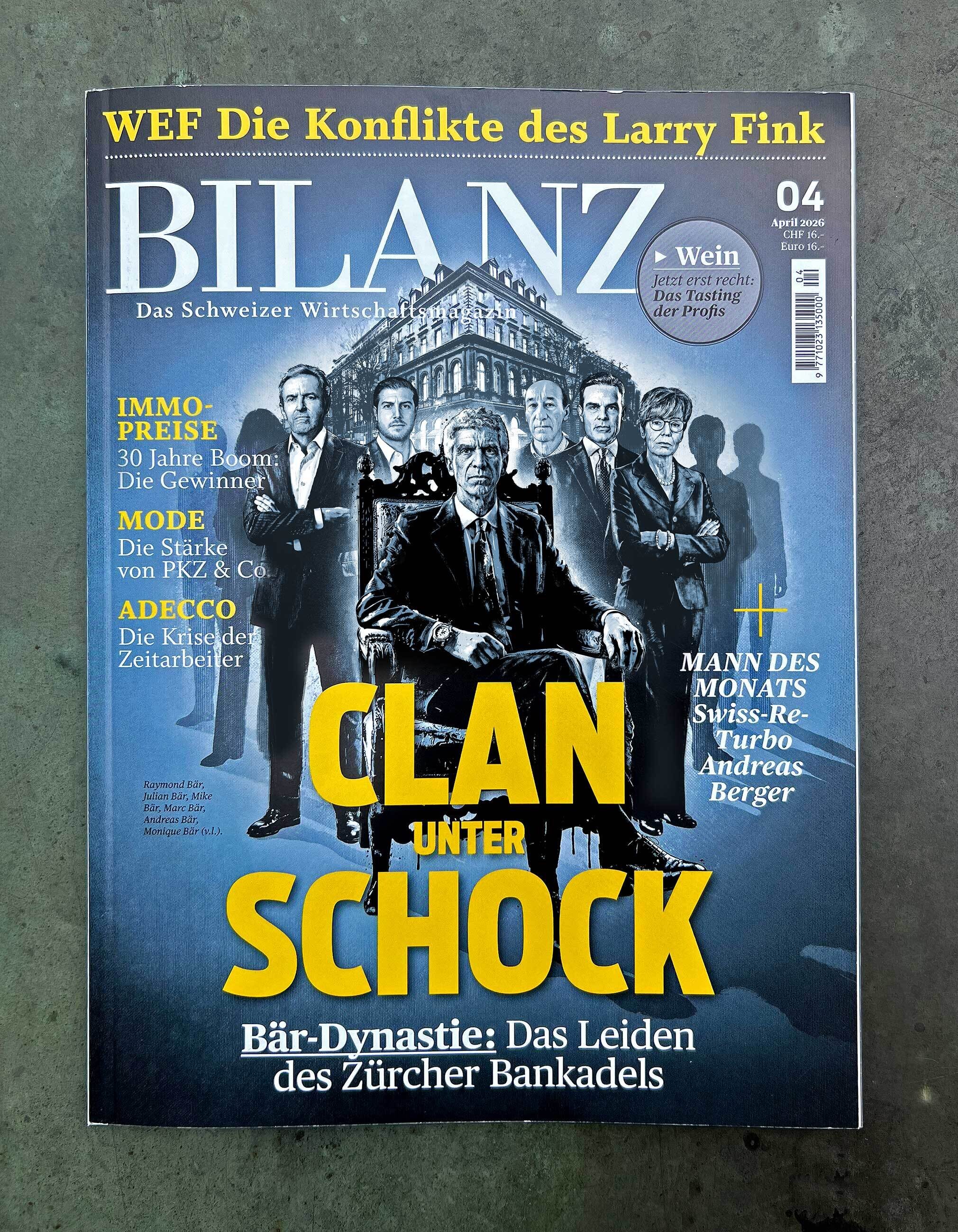 Baer Clan Bank Dynastie Bahnhofstrasse magazine magazin cover editorial illustration bilanz schweizer wirtschaftsmagazin Mike Raymond Julian Monique Andreas Marc - Kornel Illustration | Kornel Stadler portfolio