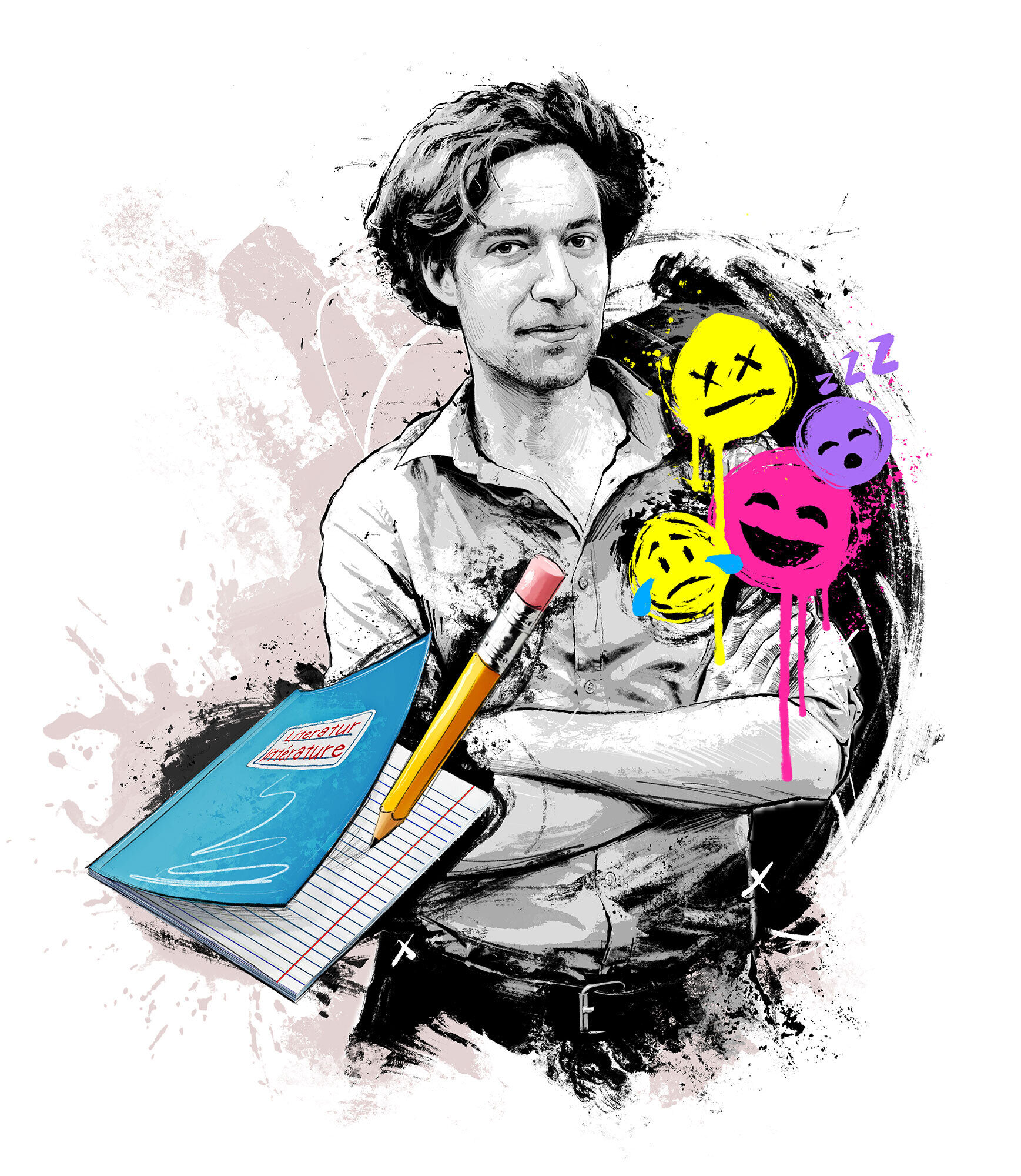 Lorenz Langenegger portrait Illustration kolumne editorial zeichnung drawing magazin red bulletin red bull autor writer schule school - Kornel Illustration | Kornel Stadler portfolio