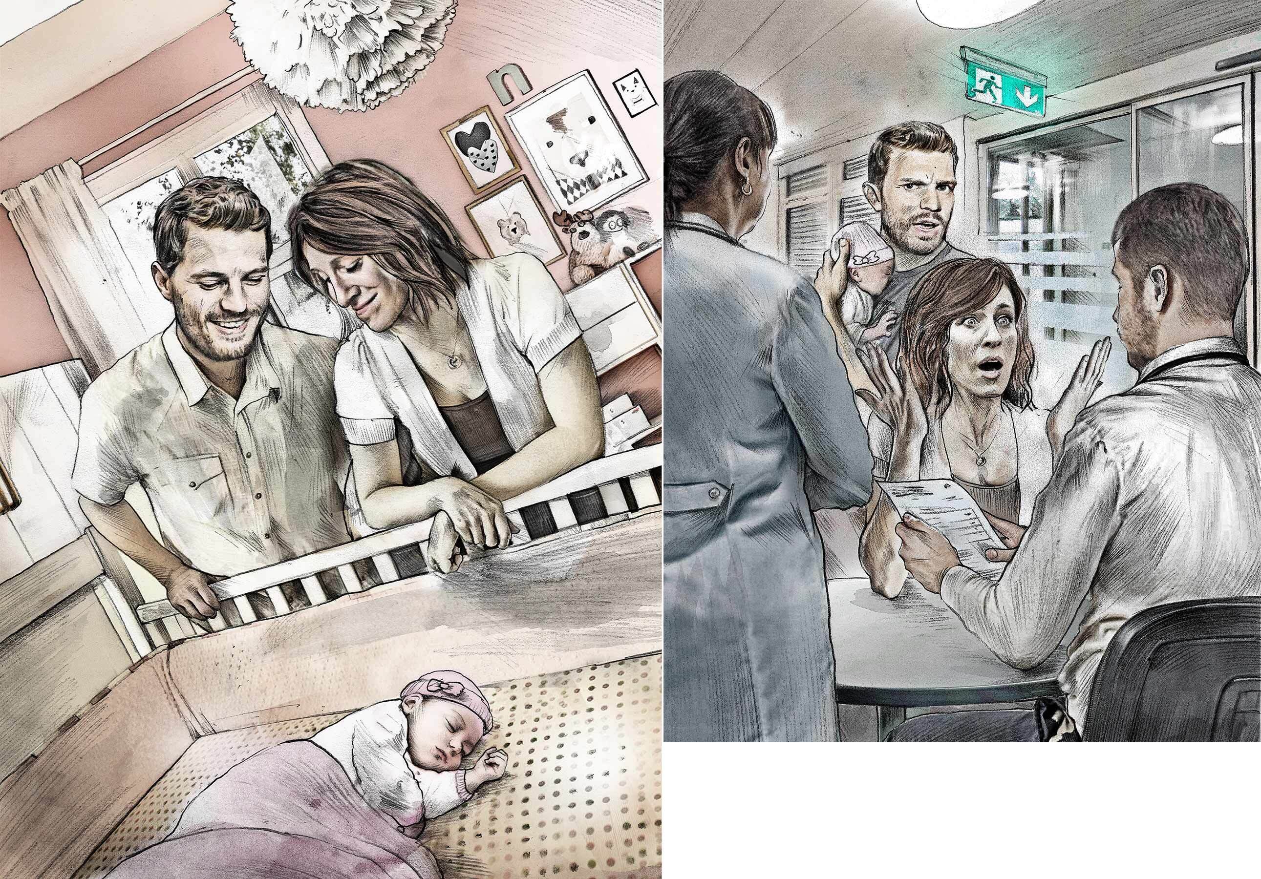 Baby parents happy illustration diagnosis shock - Kornel Illustration | Kornel Stadler portfolio