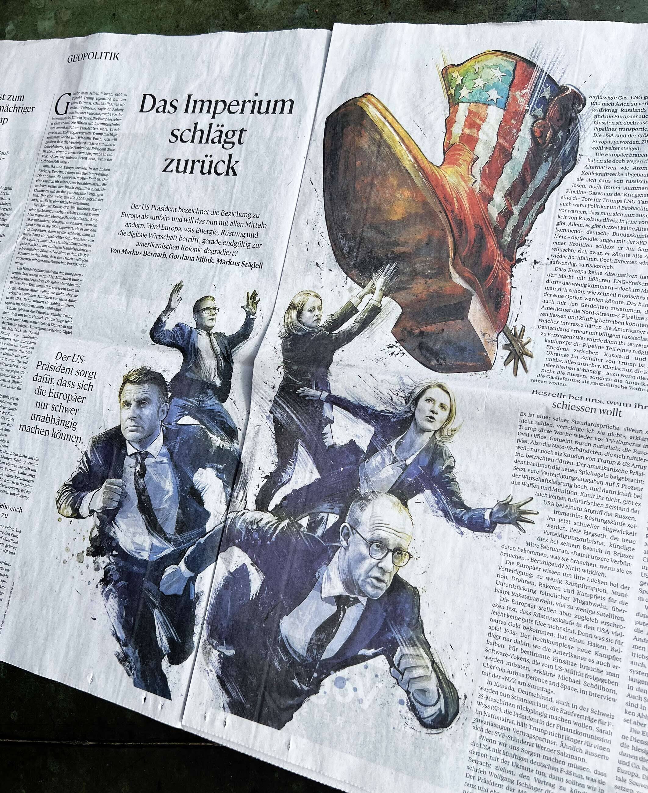 NZZ Kaja Kallas Giorgia Meloni Emmanuel Macron Friedrich Merz Keir Starmer politics political cowboy boot usa europe newspaper illustration editorial conceptual concept - Kornel Illustration | Kornel Stadler portfolio