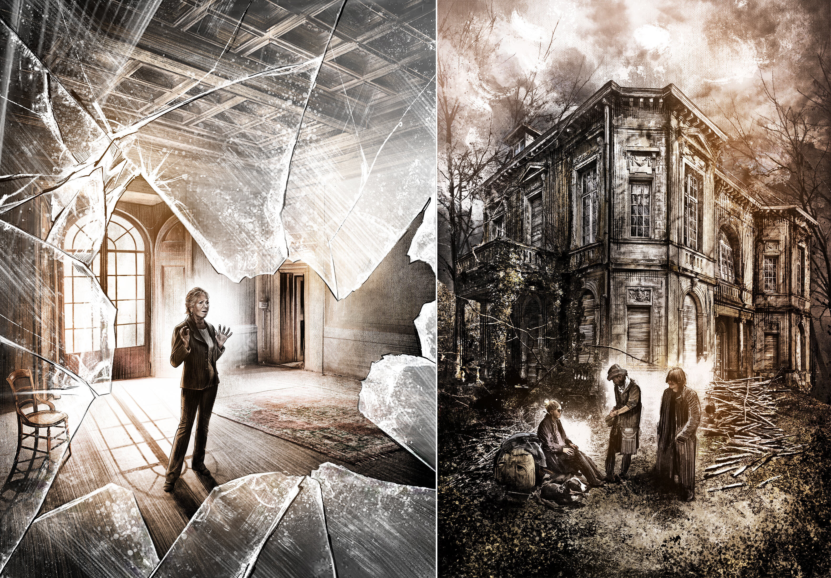 Abandonned villa old house broken glass illustration drawing painting - Kornel Illustration | Kornel Stadler portfolio