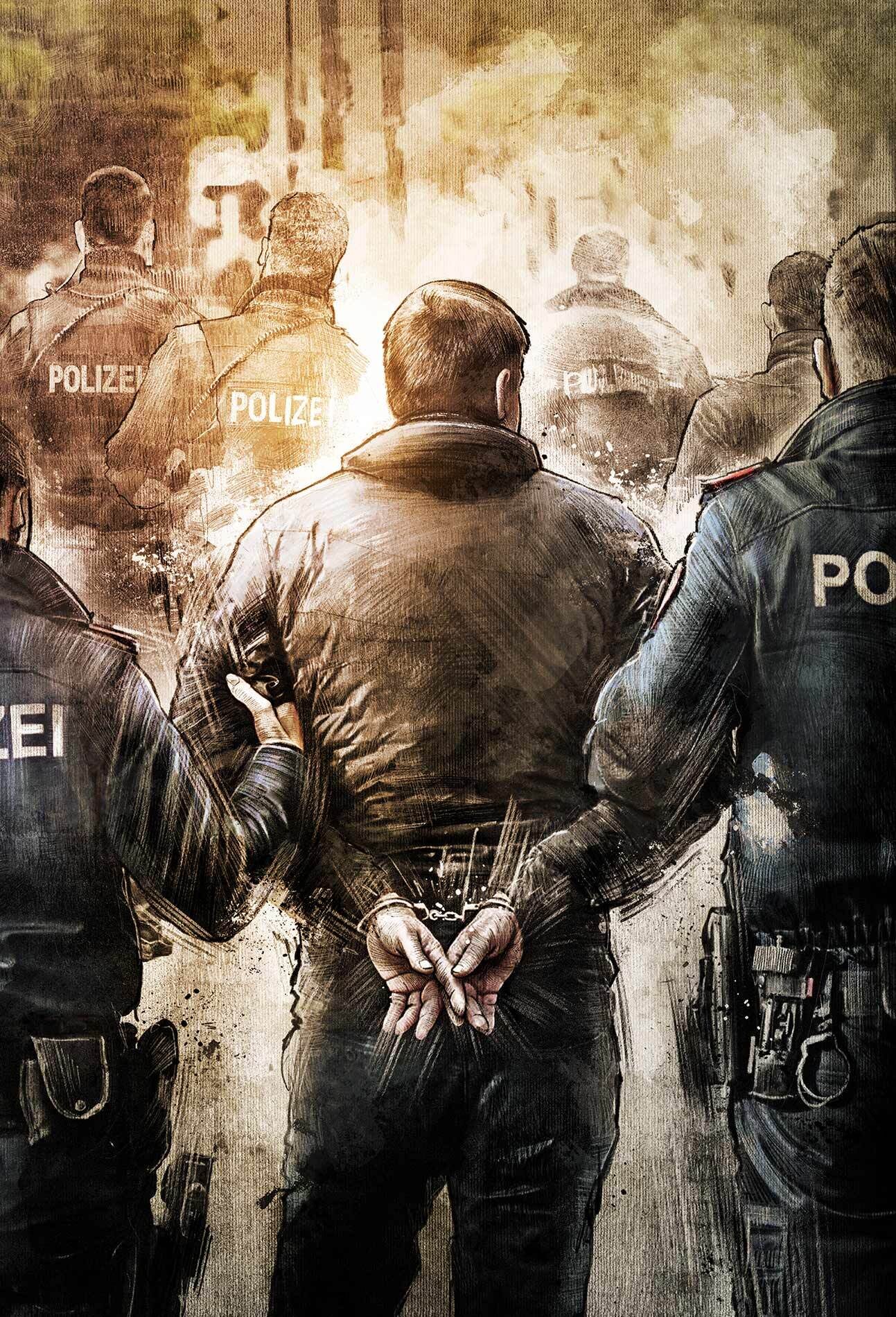 Illustration polizei verhaftung handschellen arrestment - Kornel Illustration | Kornel Stadler portfolio