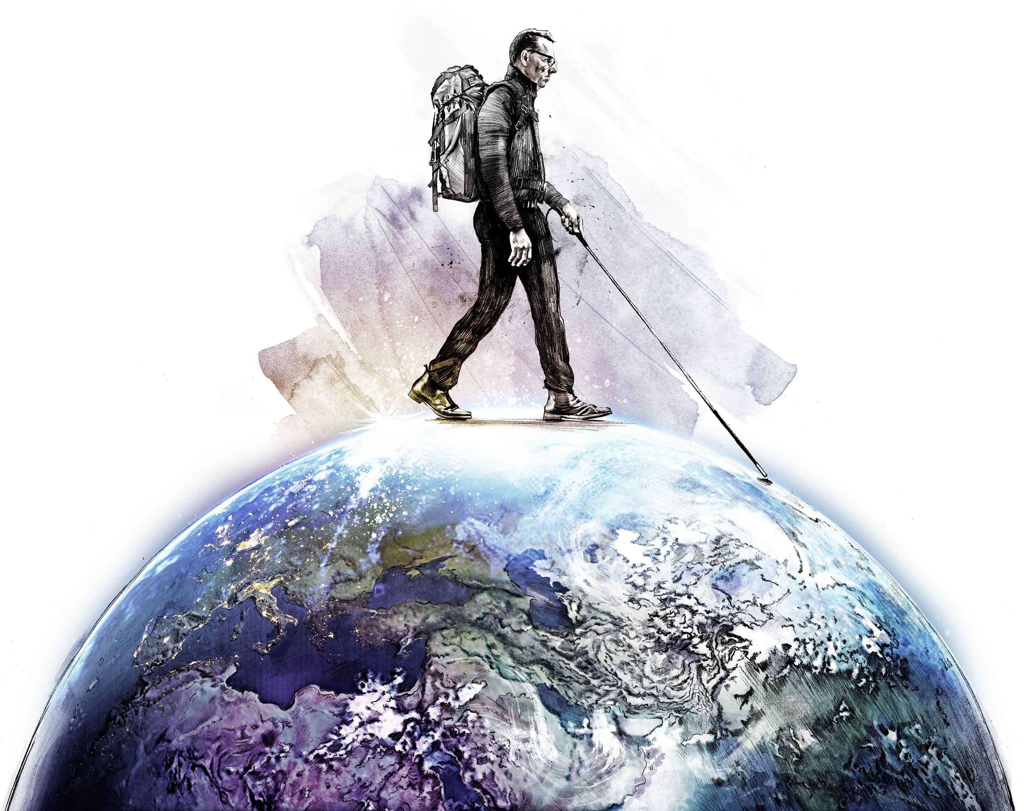 Blind man world editorial illustration trawel planet earth - Kornel Illustration | Kornel Stadler portfolio