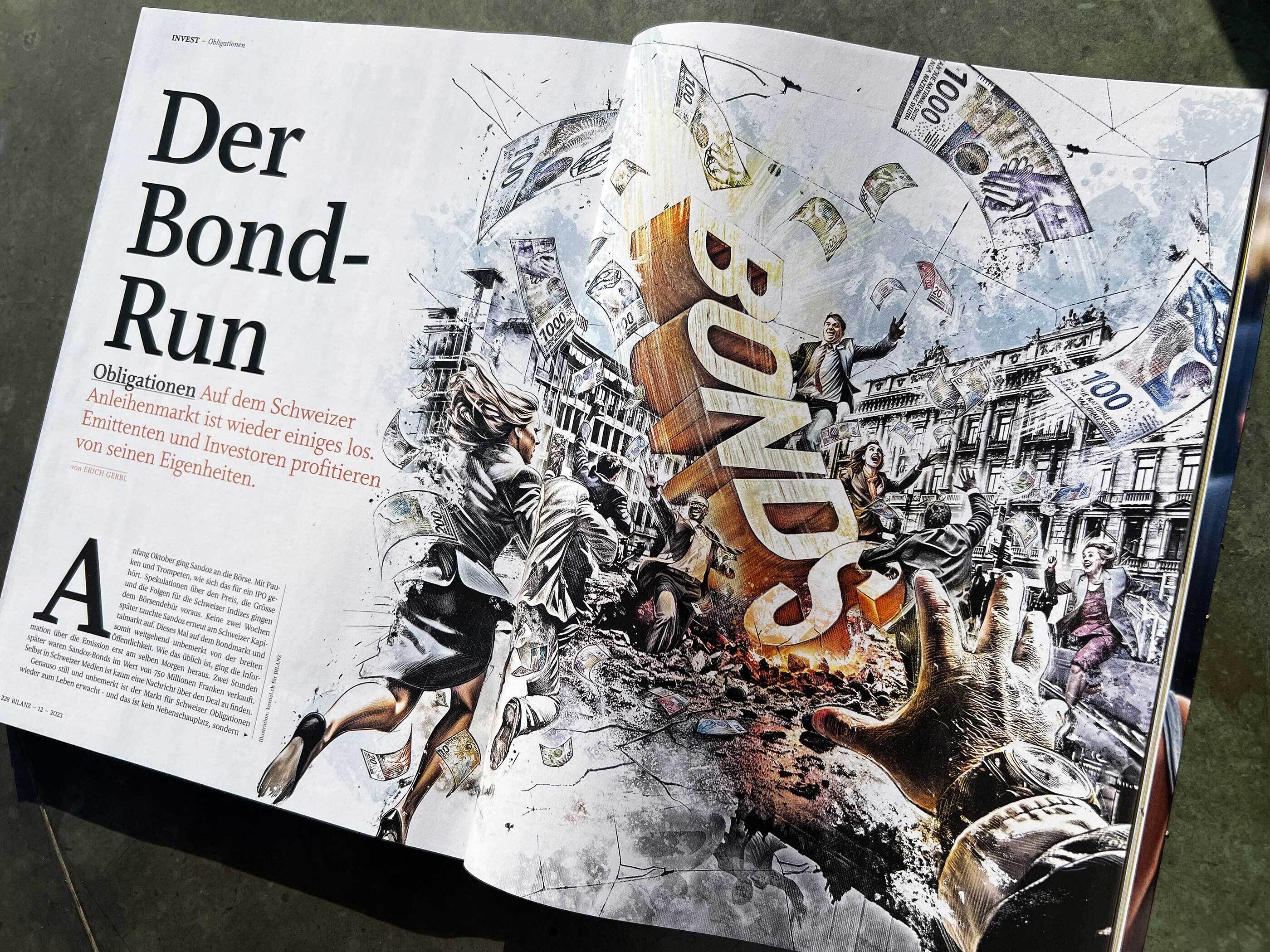 Bonds Investment Paradeplatz schweiz magazineillustration conceptualillustration bilanz Schweizer Wirtschaftsmagazin - Kornel Illustration | Kornel Stadler portfolio