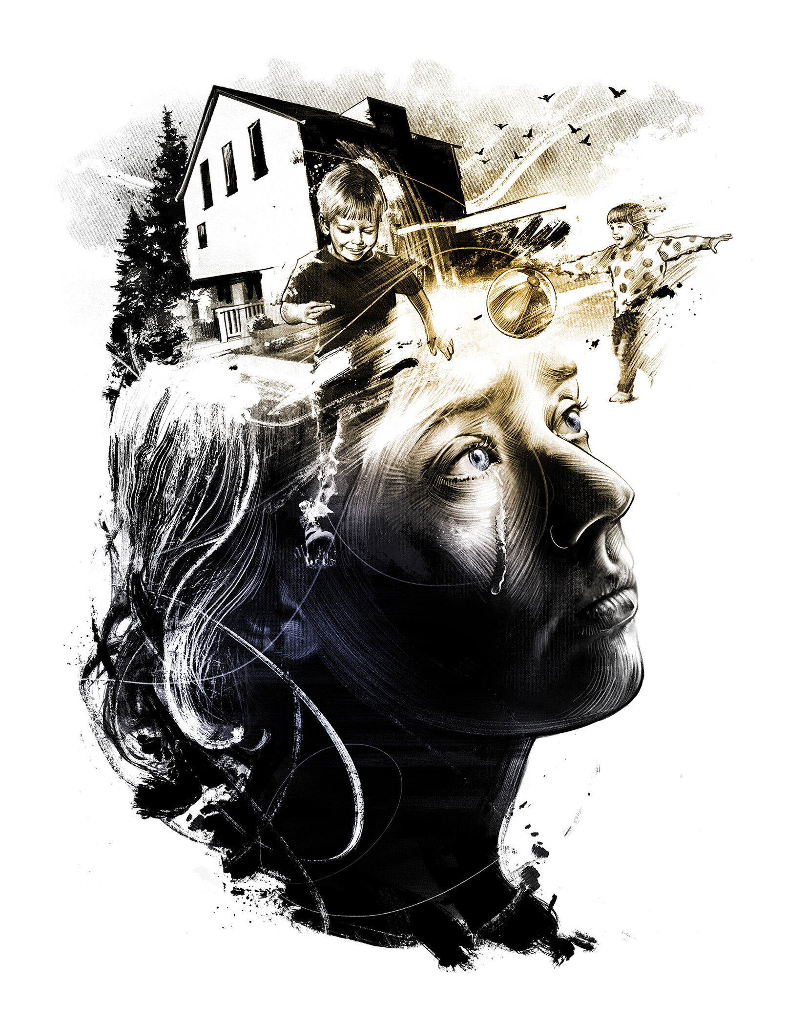 Family mother child mutter kind familie traurig dark sad house head portrait illustration face light collageart cover drawing - Kornel Illustration | Kornel Stadler portfolio