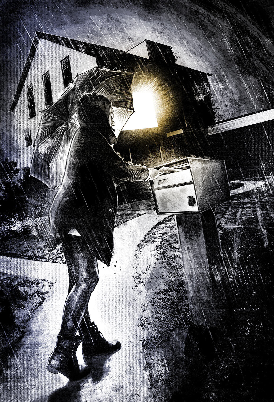 Dark regenschirm illustration house light rain night briefkasten licht haus nacht - Kornel Illustration | Kornel Stadler portfolio