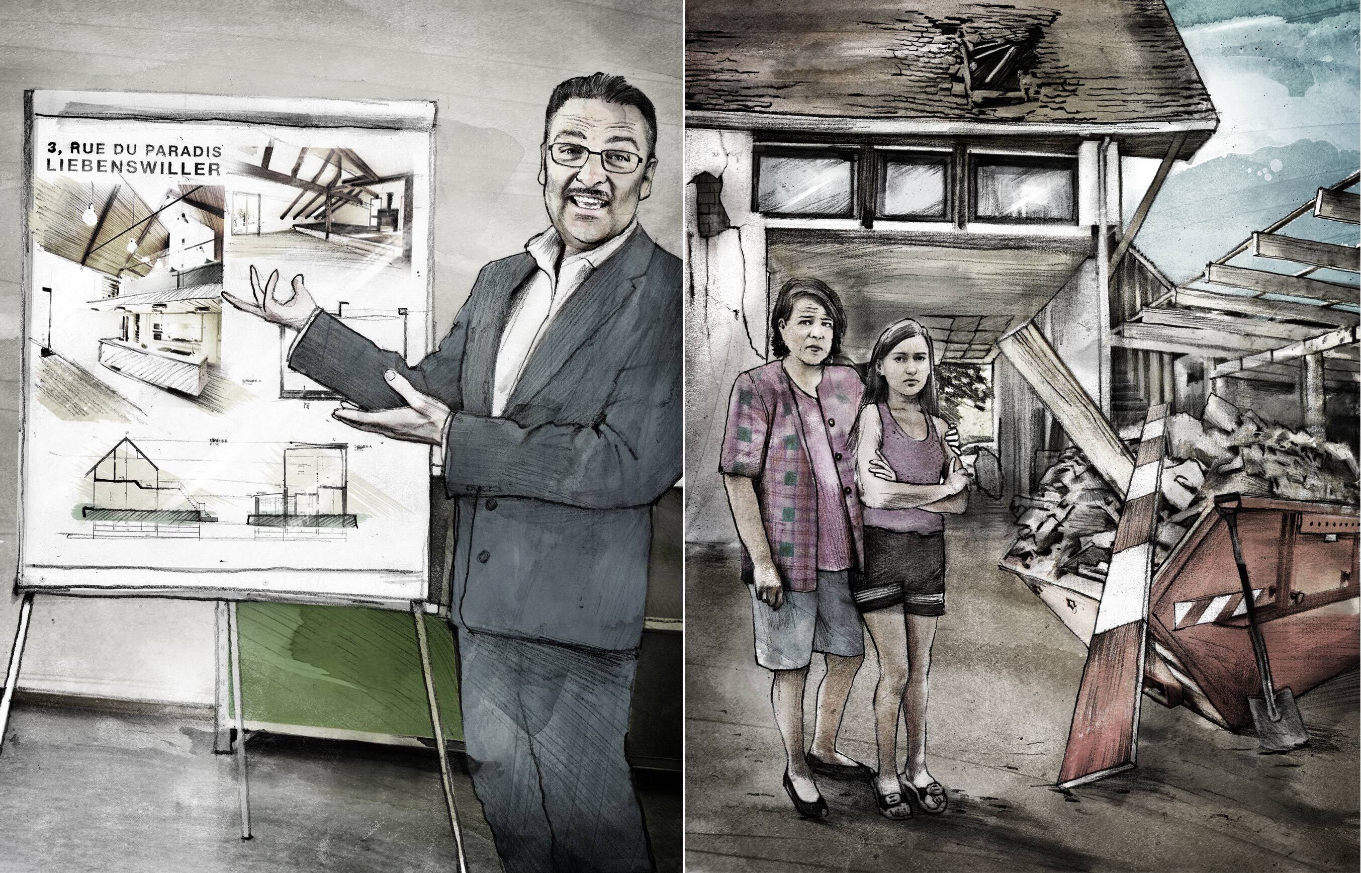 Bauhoelle Eigenheim Abzocke Paradis Mutter Tochter Beobachter Magazin Illustration - Kornel Illustration | Kornel Stadler portfolio