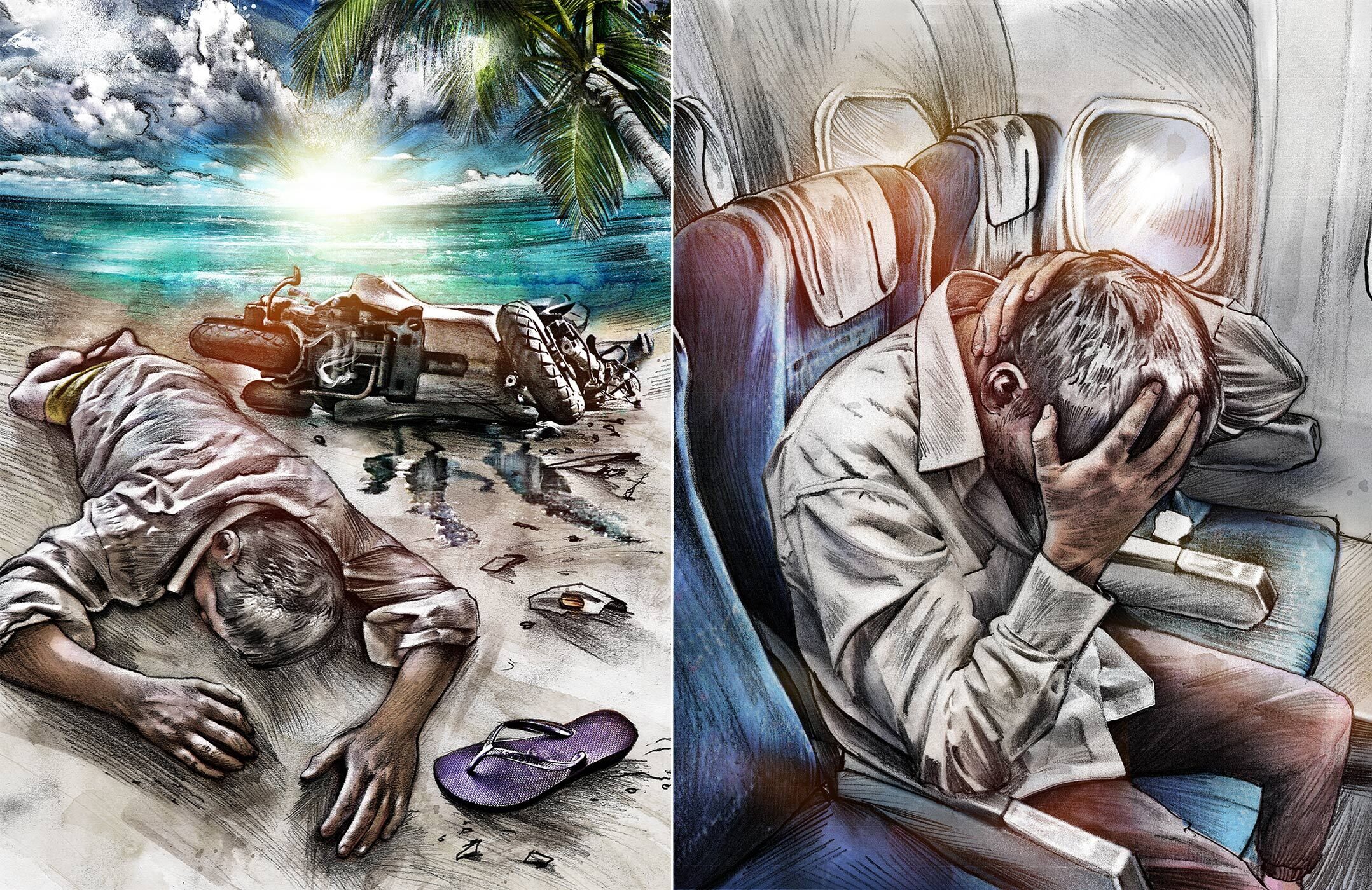 Scooter motorbike accident island flight - Kornel Illustration | Kornel Stadler portfolio