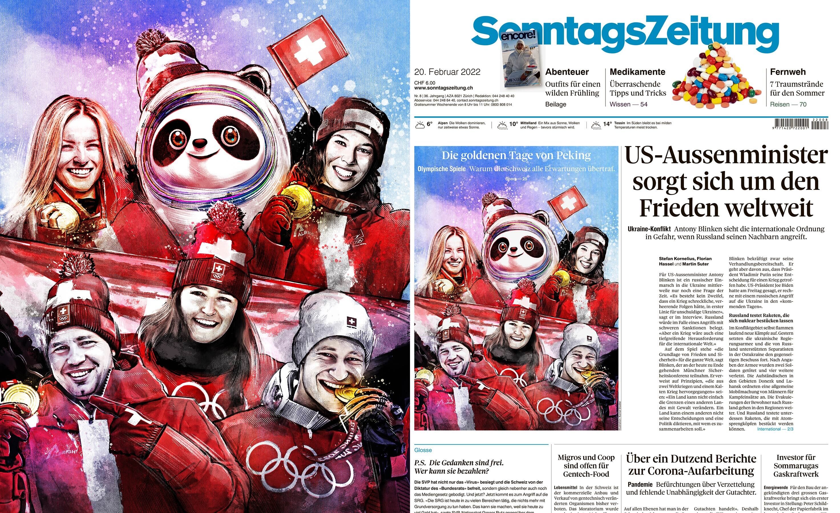 Front zeitung sonntagszeitung illustration olympya bejing gold portait - Kornel Illustration | Kornel Stadler portfolio