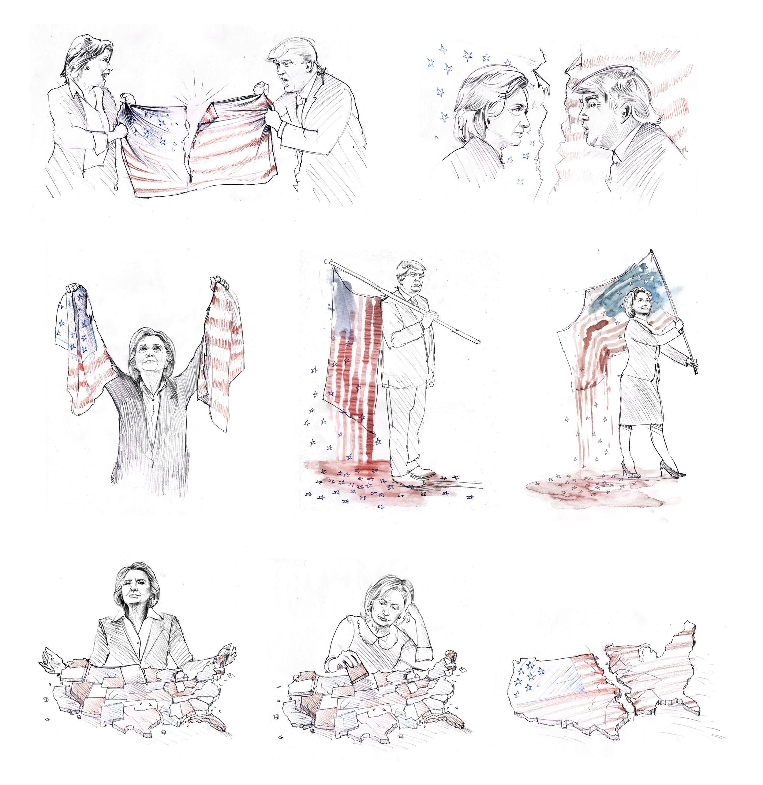 Elections sketches drawing drafts editorial illustration donald trump hilary clinton usa - Kornel Illustration | Kornel Stadler portfolio