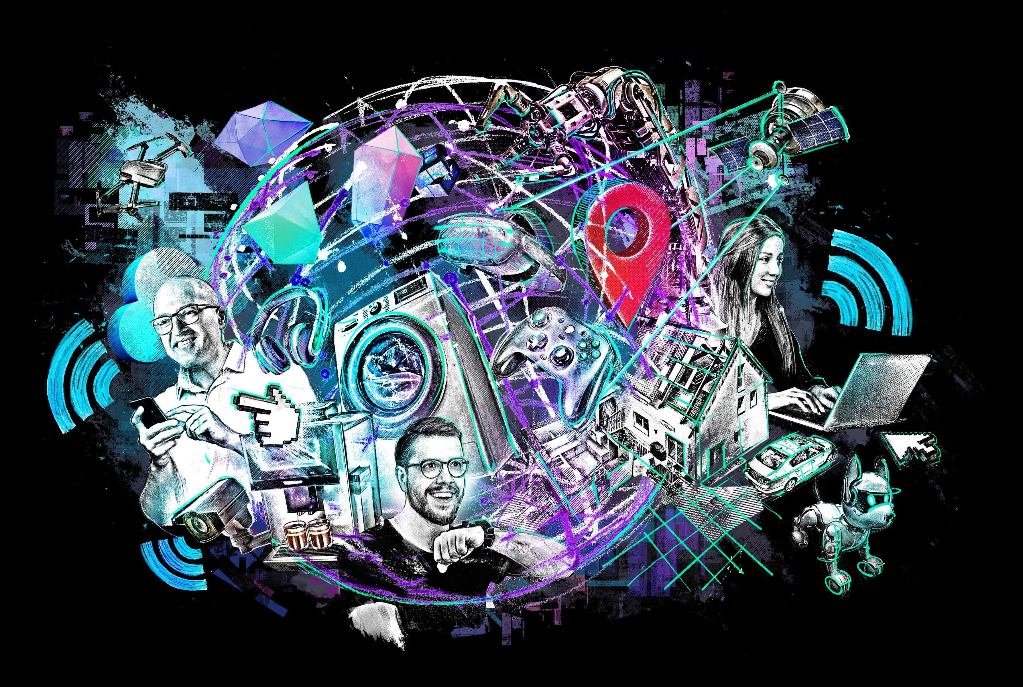 Smarties Digital Shapers illustration editorial technology tech innovation IOT internet of things satellite gaming household everyday cloud industry robot vr cyber space - Kornel Illustration | Kornel Stadler portfolio