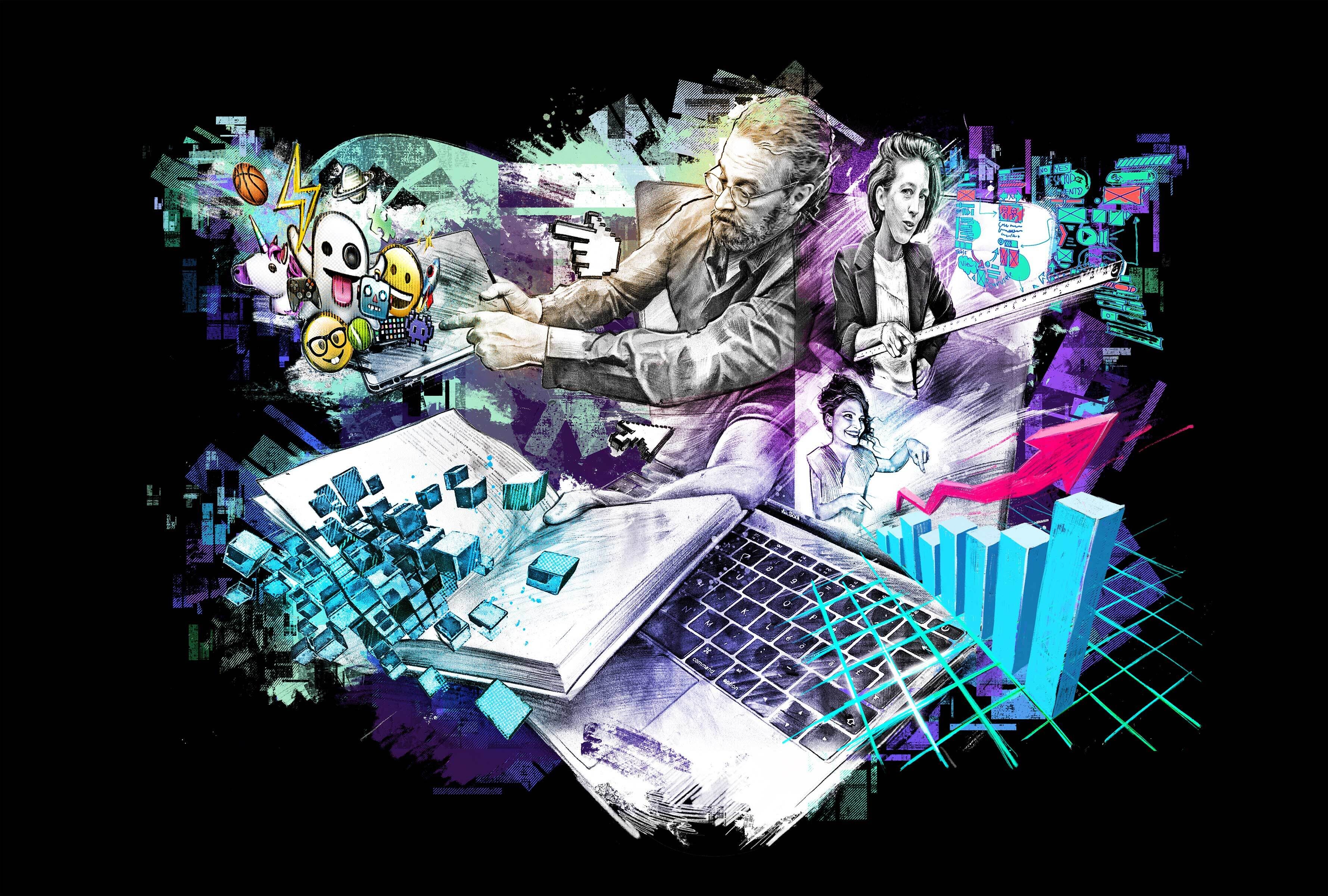 E Teachers Digital Shapers illustration editorial technology school laptop science forschung ux emoji - Kornel Illustration | Kornel Stadler portfolio