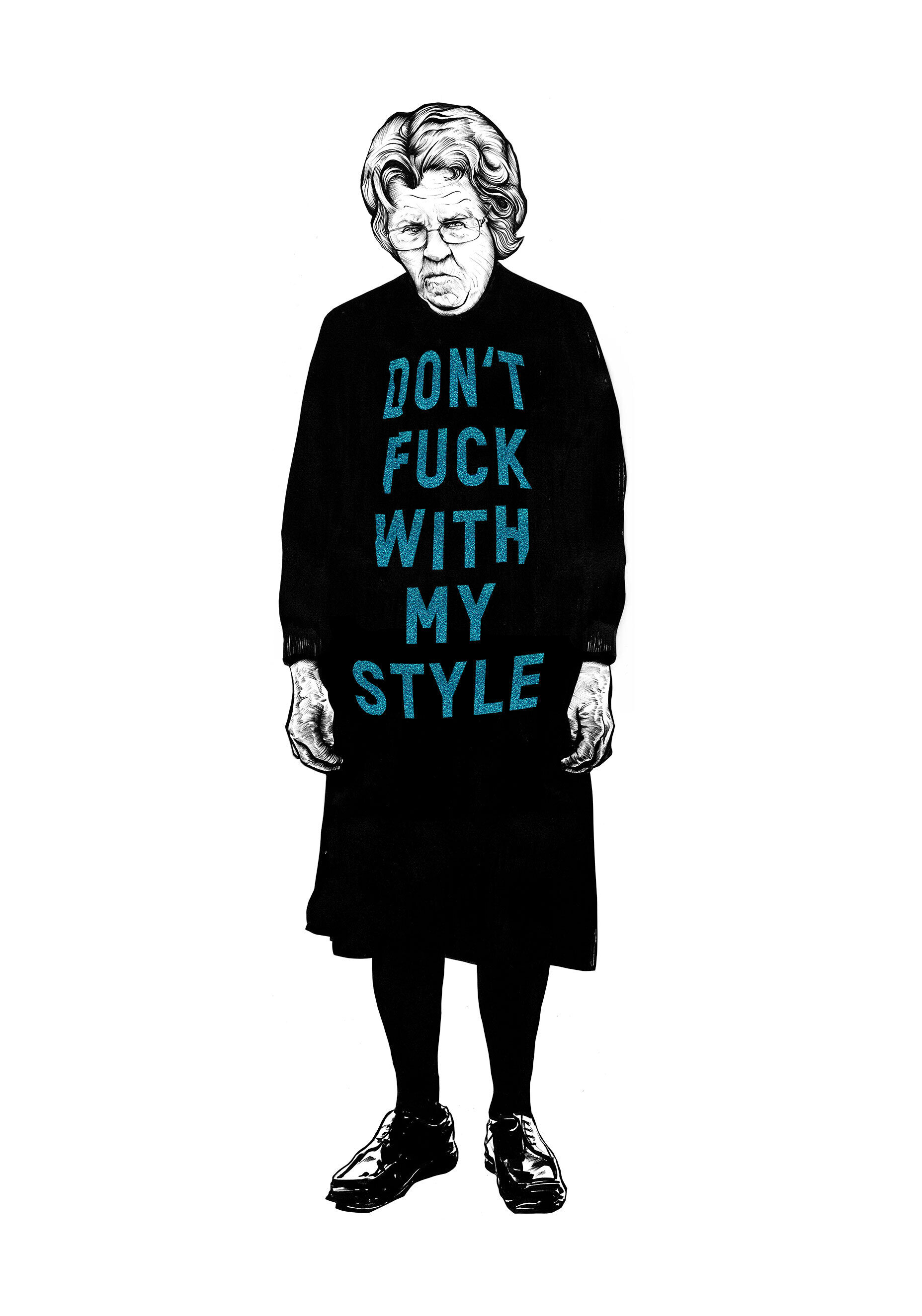 Artwork drawing fine art illustration kornel ink gallery zeichnung kunst original fineliner tusche grosi alte frau old woman dont fuck with my style cyan glitter glitzer - Kornel Illustration | Kornel Stadler portfolio