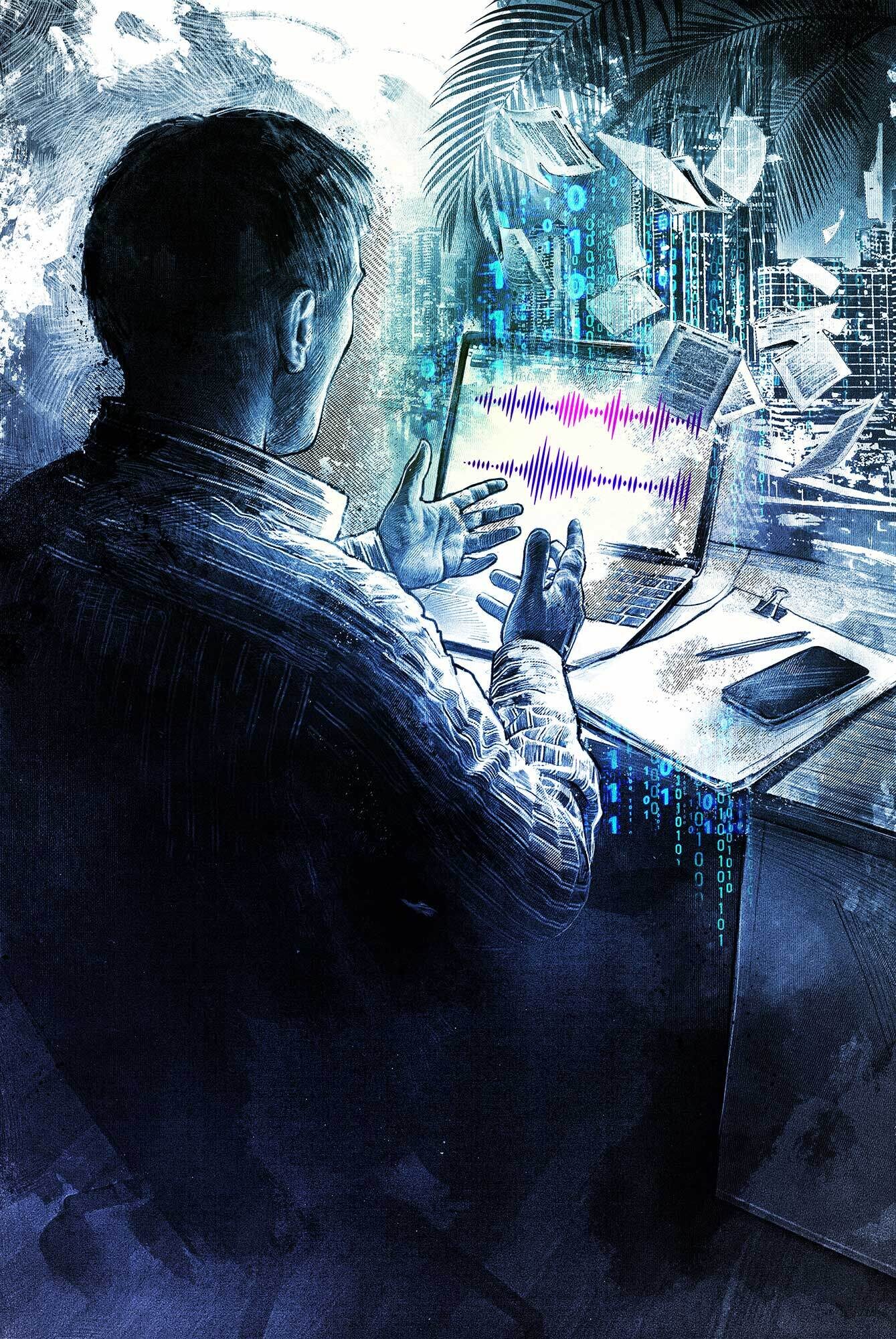 Panamapapers Whistleblower Panama Papers interview anonym illustration editorial laptop dark - Kornel Illustration | Kornel Stadler portfolio