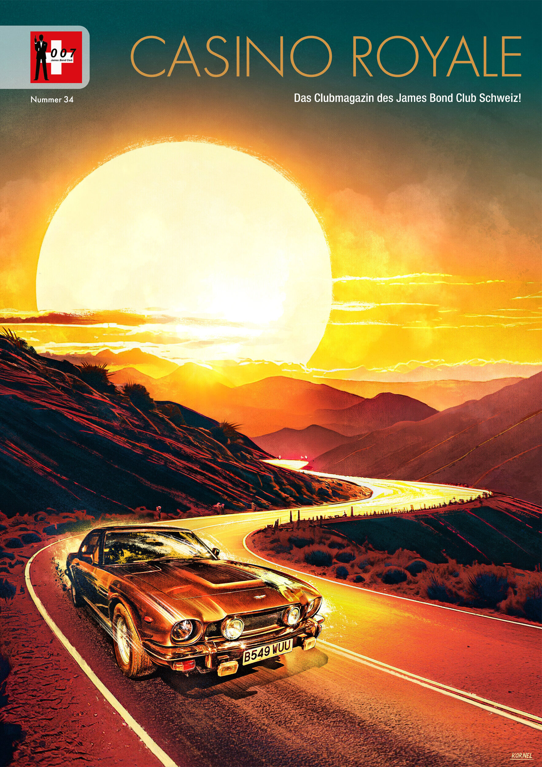 Cover jamesbondclub james bond 007 aston martin vantage v8 sunset casino royale illustration movie artwork art drawing painting cover no time to die poster final scene - Kornel Illustration | Kornel Stadler portfolio