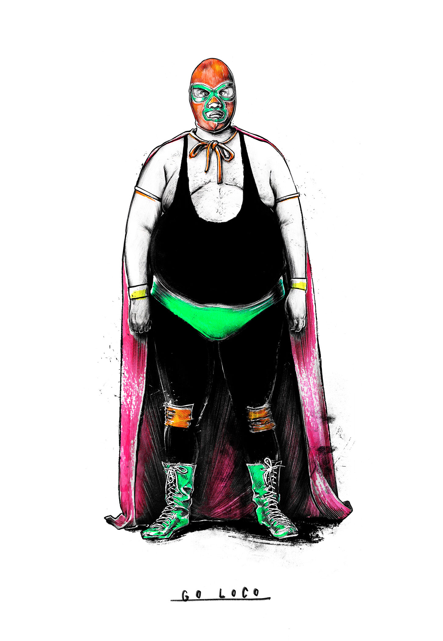 Wrestler wrestling wwe lucha libre go loco lokko neon Artwork drawing art illustration kornel ink gallery zeichnung kunst - Kornel Illustration | Kornel Stadler portfolio