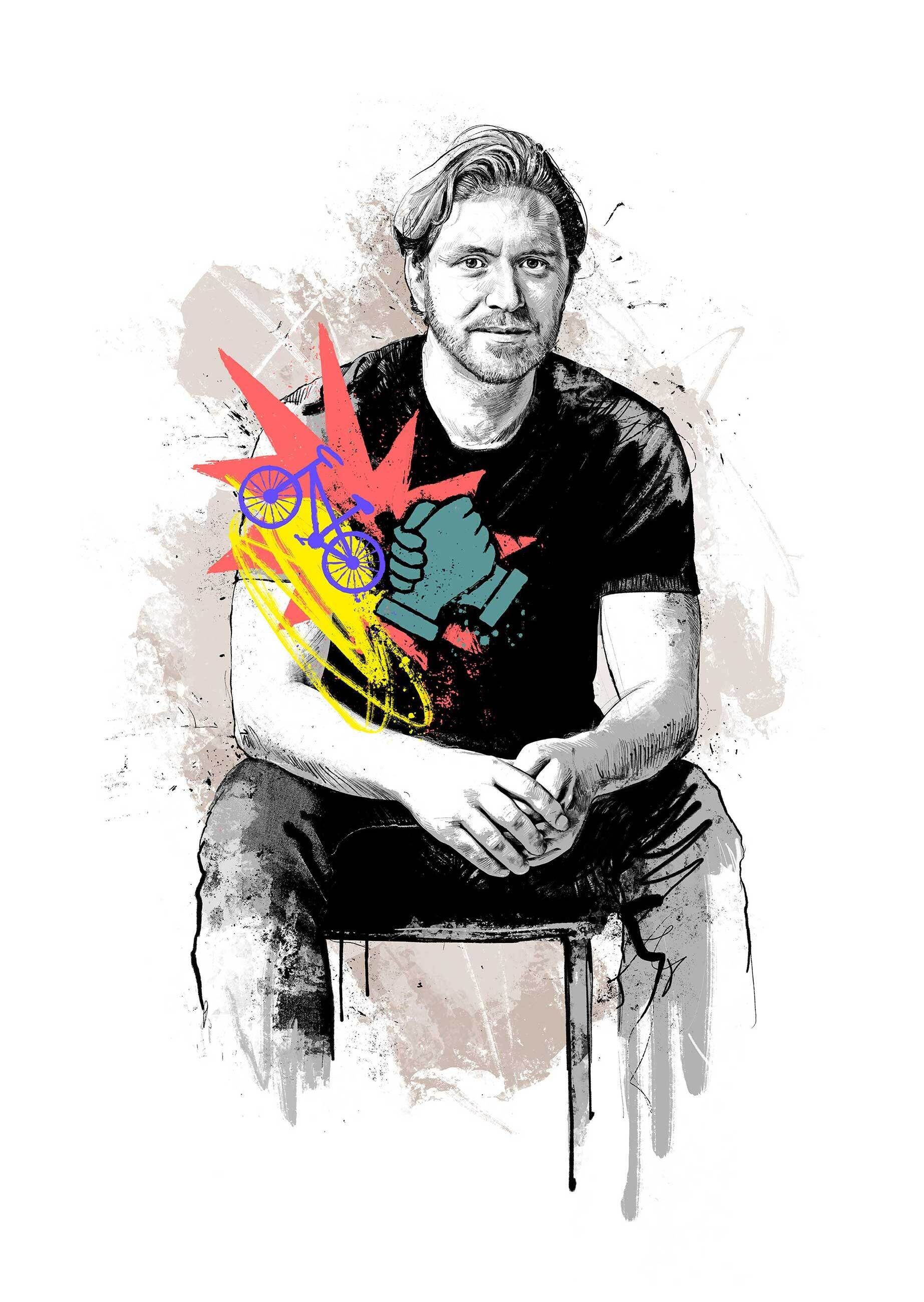 Gregor staeheli illustration portraitillustration portraitdrawing portrait kolumne editorial zeichnung drawing magazin red bulletin redbull autor writer comedian bike bicycle fahrrad - Kornel Illustration | Kornel Stadler portfolio