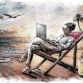 Client Arbeit Homeoffice nach der pandemie digital nomad nomade laptop business woman beach flight aeroplane illustration editorial Kornel Illustration | Kornel Stadler