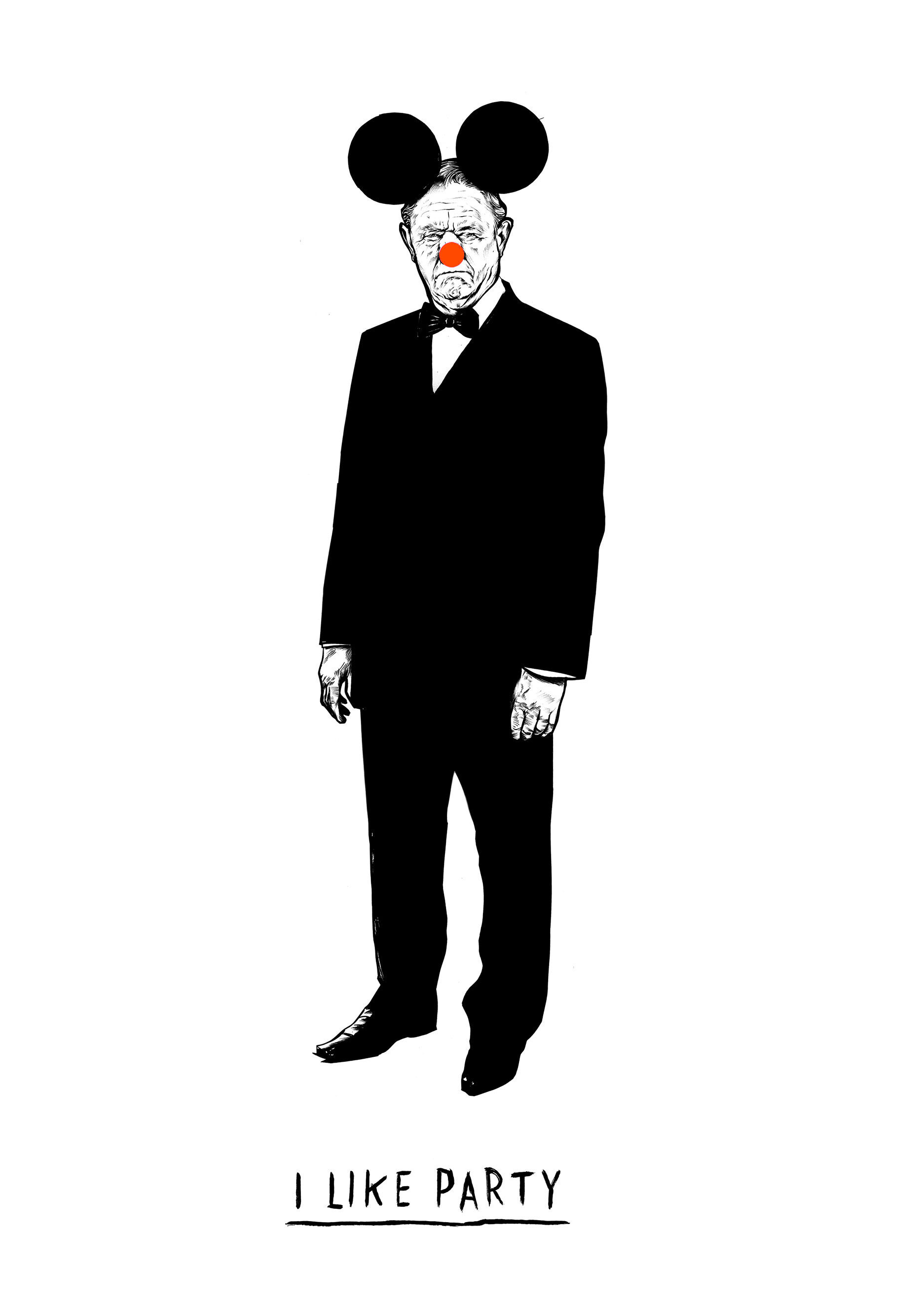 Artwork drawing fine art illustration kornel ink gallery zeichnung kunst original fineliner tusche mickey mouse man black suit I like party partymaus partymuesli neon orange - Kornel Illustration | Kornel Stadler portfolio