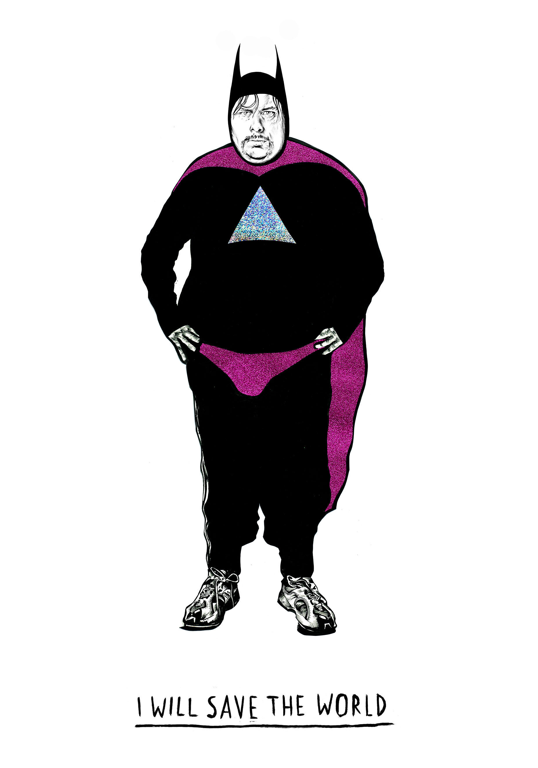 Artwork drawing fine art illustration kornel ink gallery zeichnung kunst original fineliner tusche here superhero batman hologram holoman superman I will save the world pink glitter glitzer - Kornel Illustration | Kornel Stadler portfolio