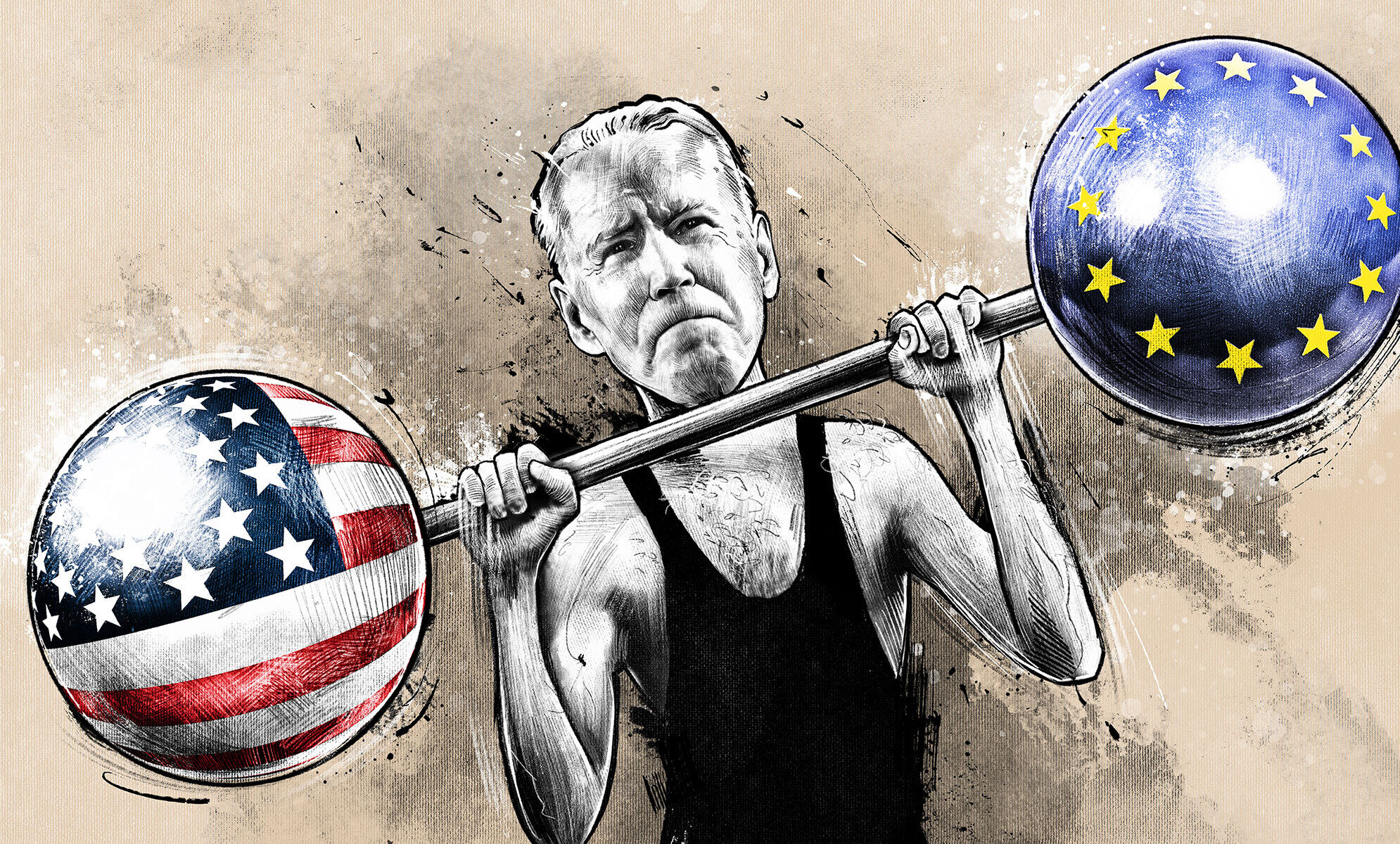 Illustration joe biden usa europe editorial zeitung conceptual caticature europa eu hantel president weak stemmen - Kornel Illustration | Kornel Stadler portfolio