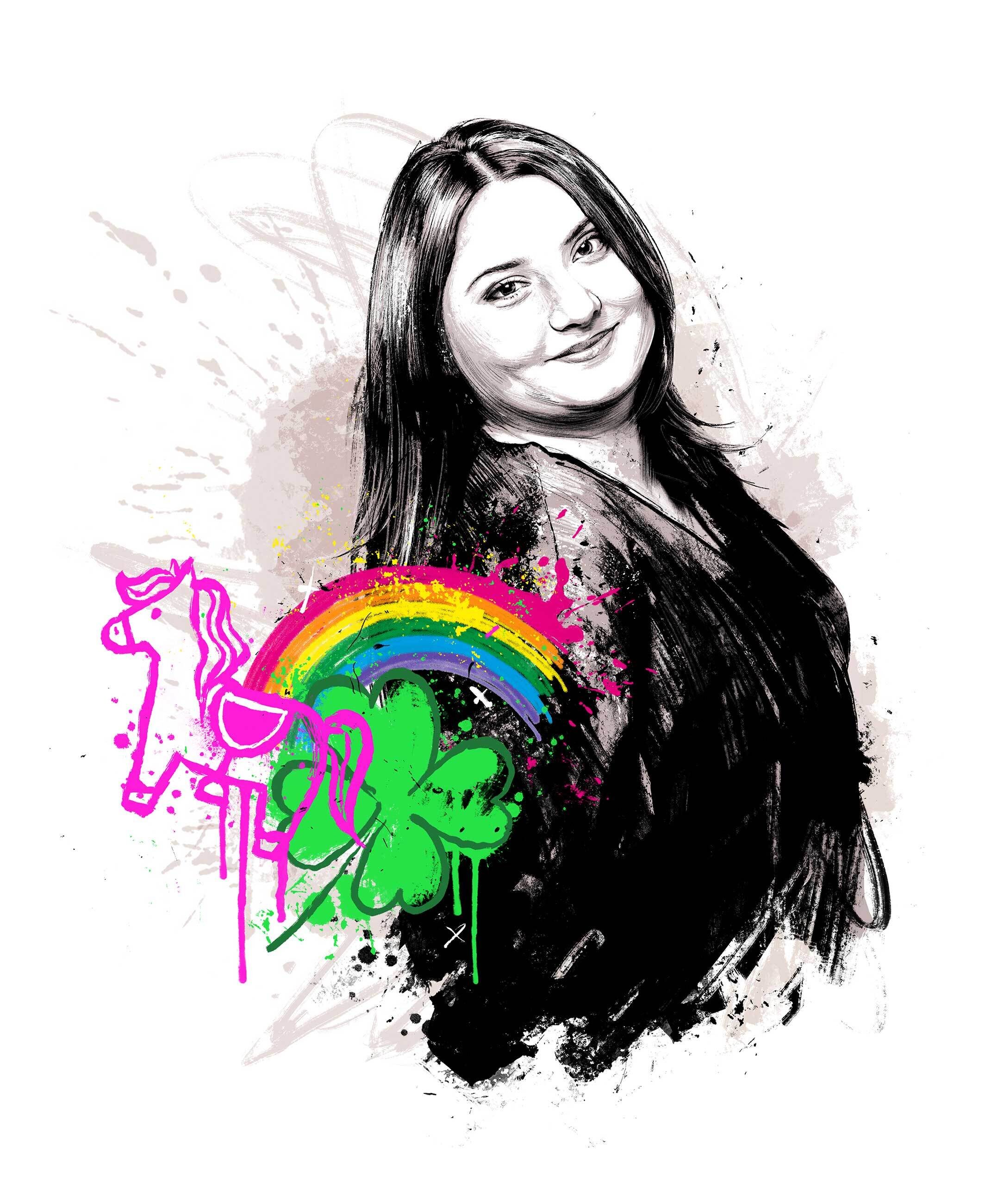 Jovana Nikic illustration portraitillustration portraitdrawing portrait kolumne editorial zeichnung drawing magazin red bulletin redbull autor writer pony rainbow regenbogen happy lucky - Kornel Illustration | Kornel Stadler portfolio
