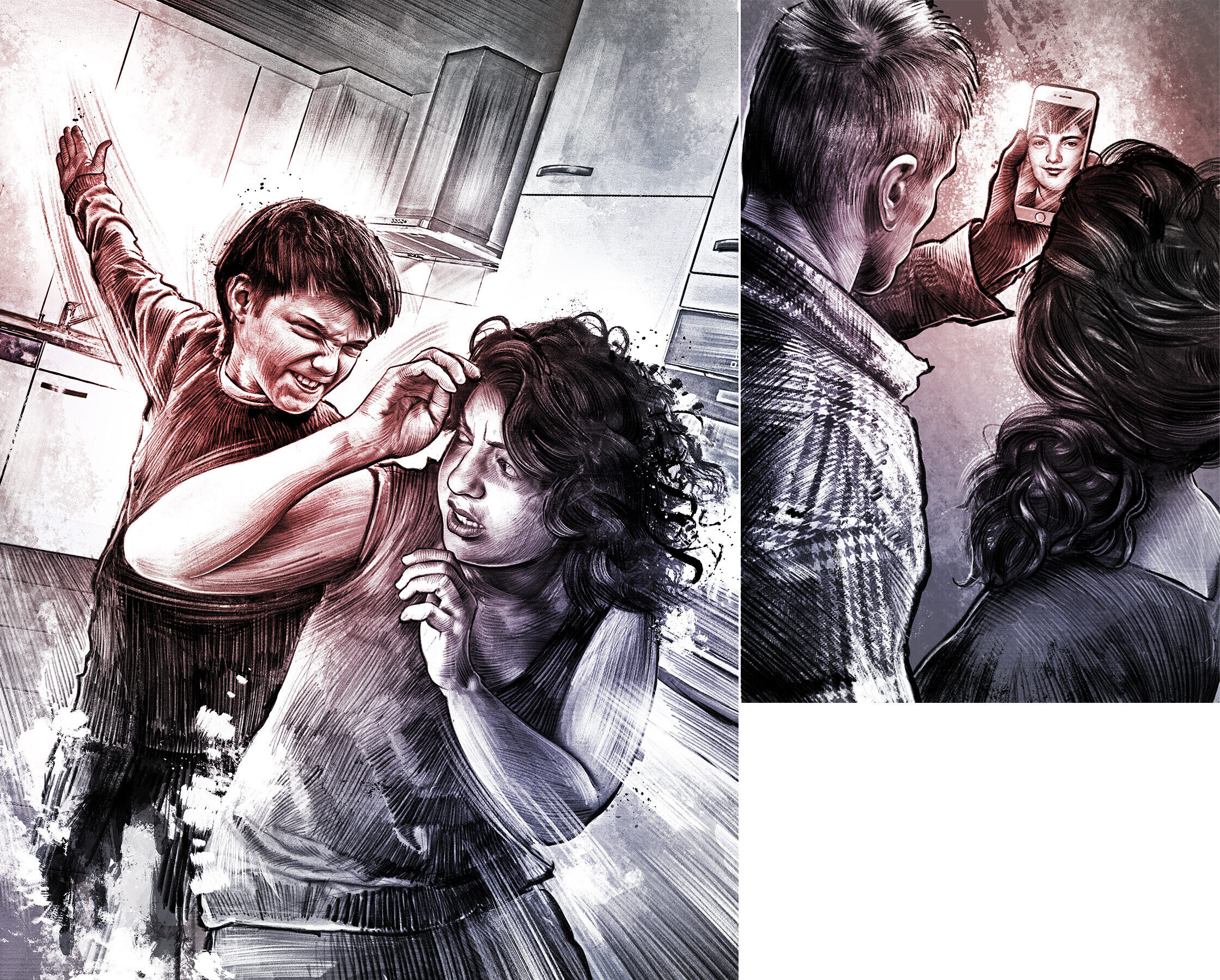 Gewalt illustration familie kind schlagen mutter mother crime scene illustration drawing facetime - Kornel Illustration | Kornel Stadler portfolio