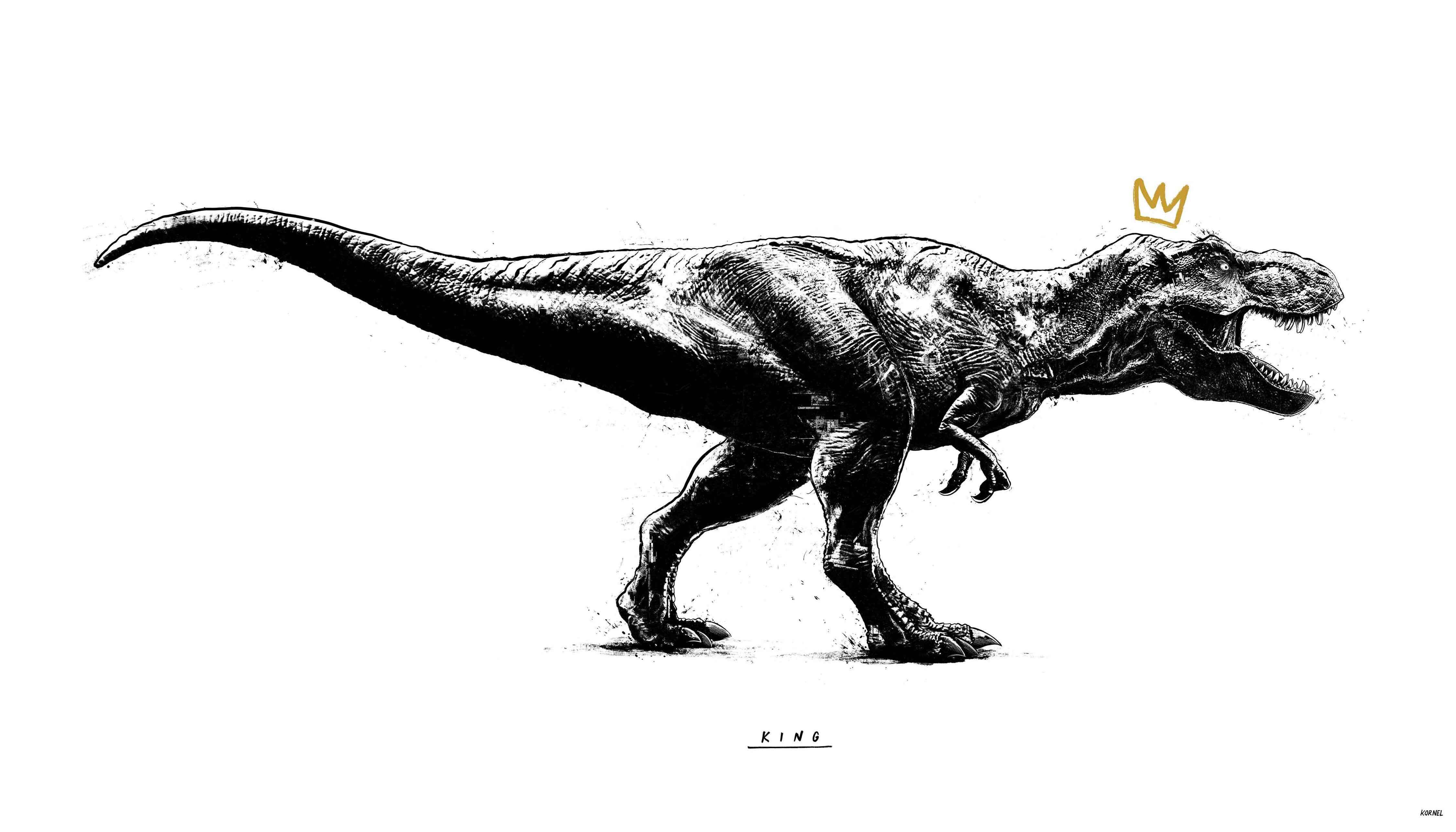 T rex king dino dinosaurier dinosaur crown krone artwork drawing fine art illustration kornel ink gallery zeichnung kunst jurassic rexy black and white sideview limited print original - Kornel Illustration | Kornel Stadler portfolio