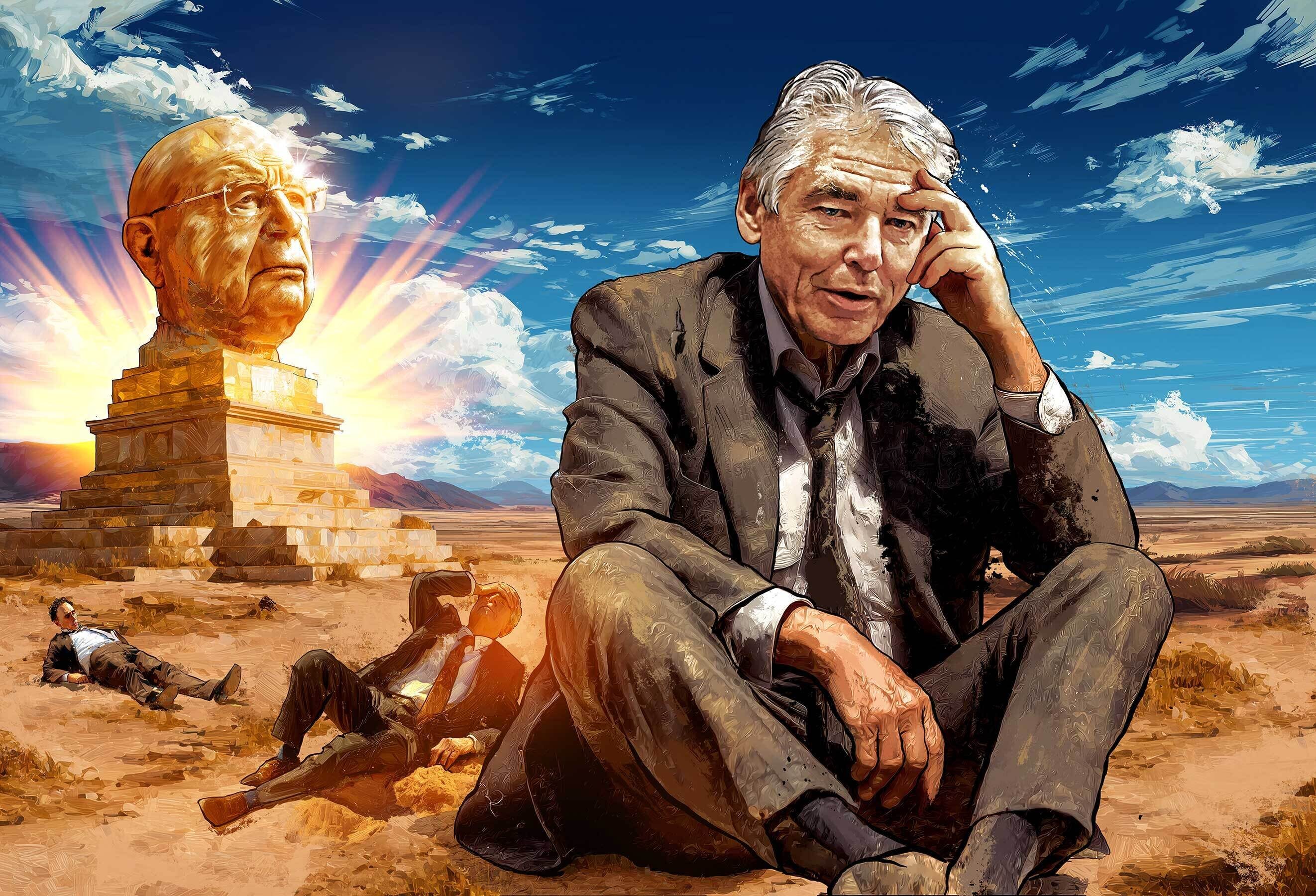Peter Brabeck wef magazine illustration bilanz schweizer wirtschaftsmagazin kalus schwab monument - Kornel Illustration | Kornel Stadler portfolio