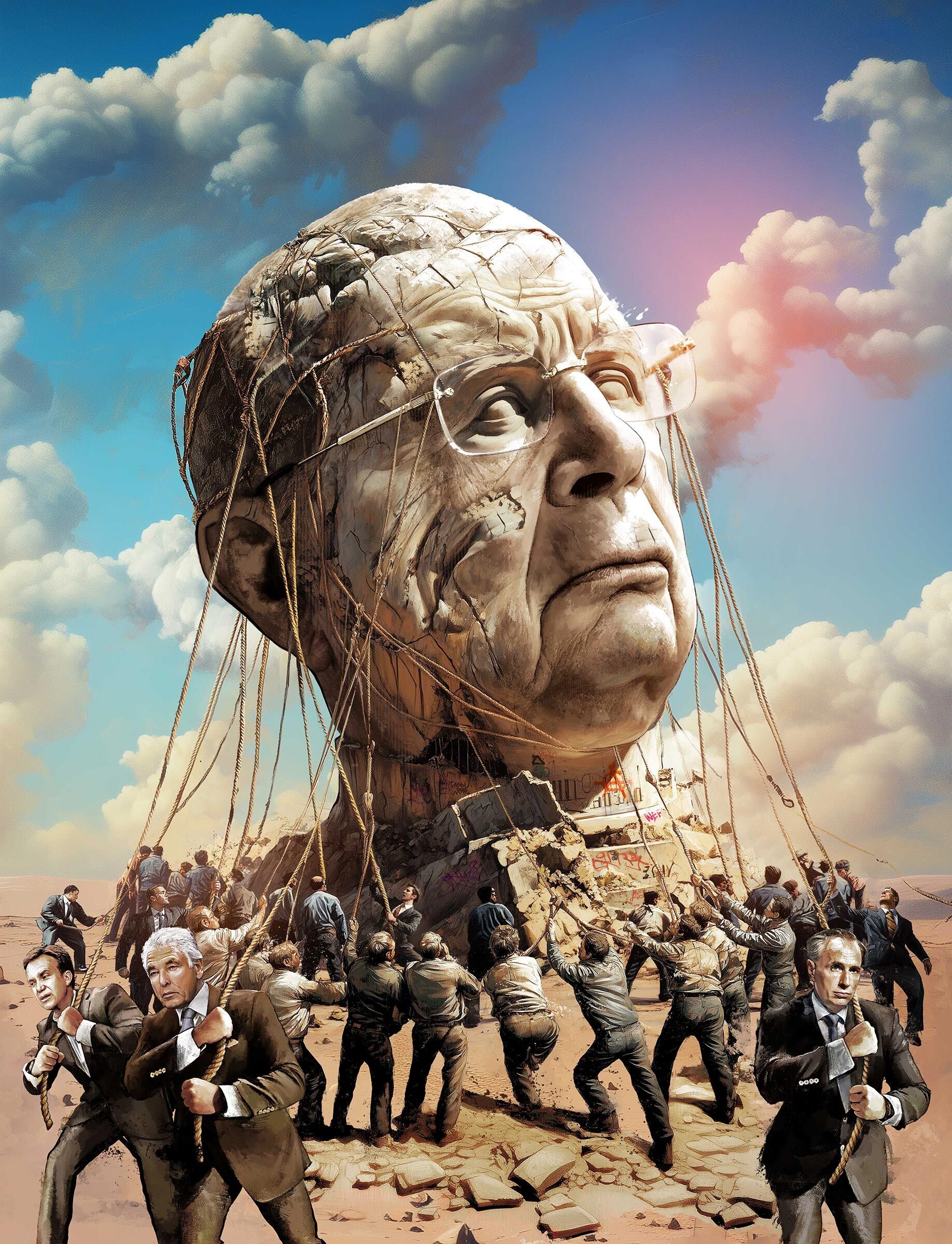 Wef magazine cover illustration bilanz schweizer wirtschaftsmagazin kalus schwab monument stone stein - Kornel Illustration | Kornel Stadler portfolio