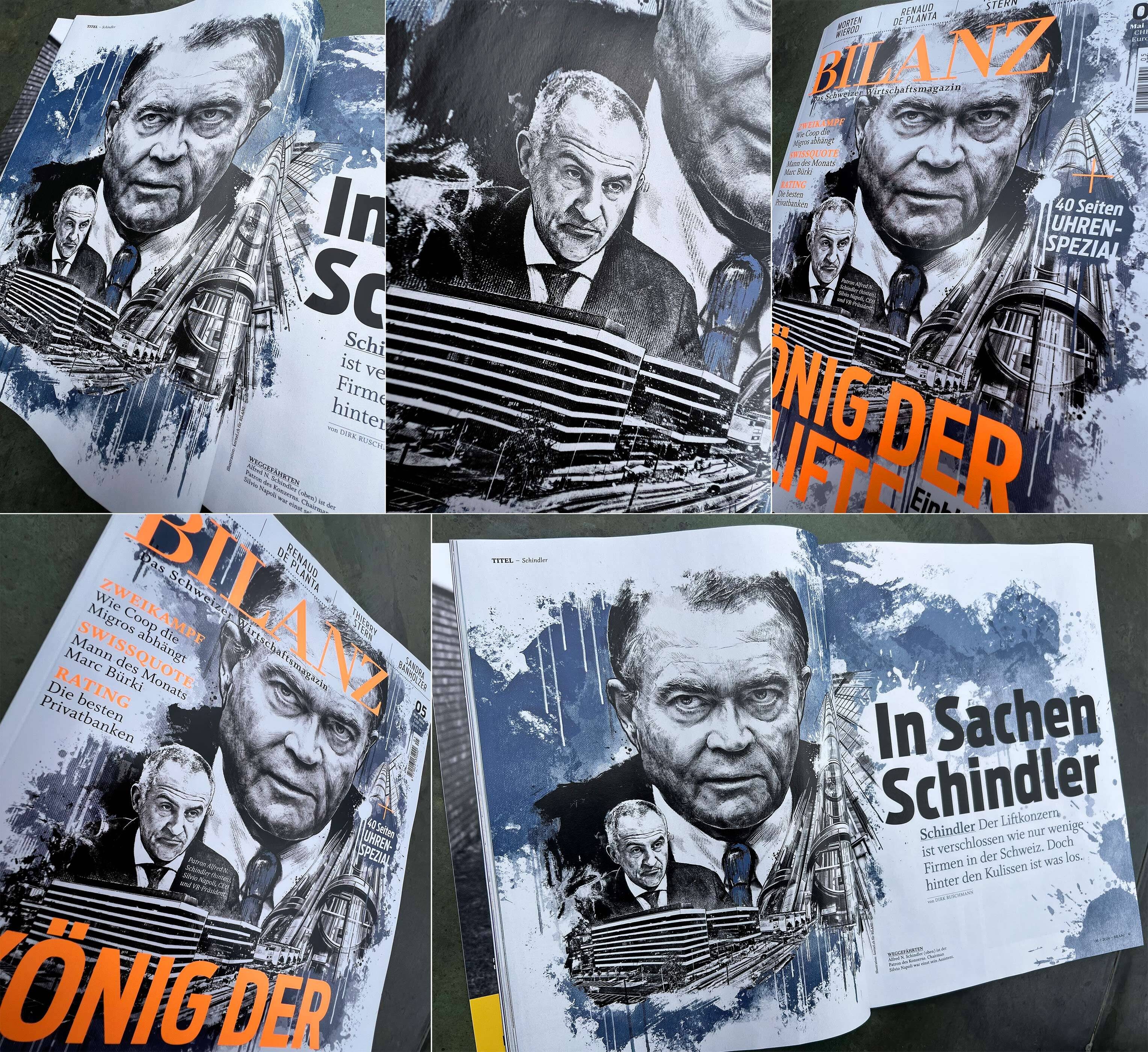 Schnindler lifte Alfred n silvio napoli schweiz magazine cover illustration portrait editorial layout illustration bilanz Schweizer Wirtschaftsmagazin elvators - Kornel Illustration | Kornel Stadler portfolio