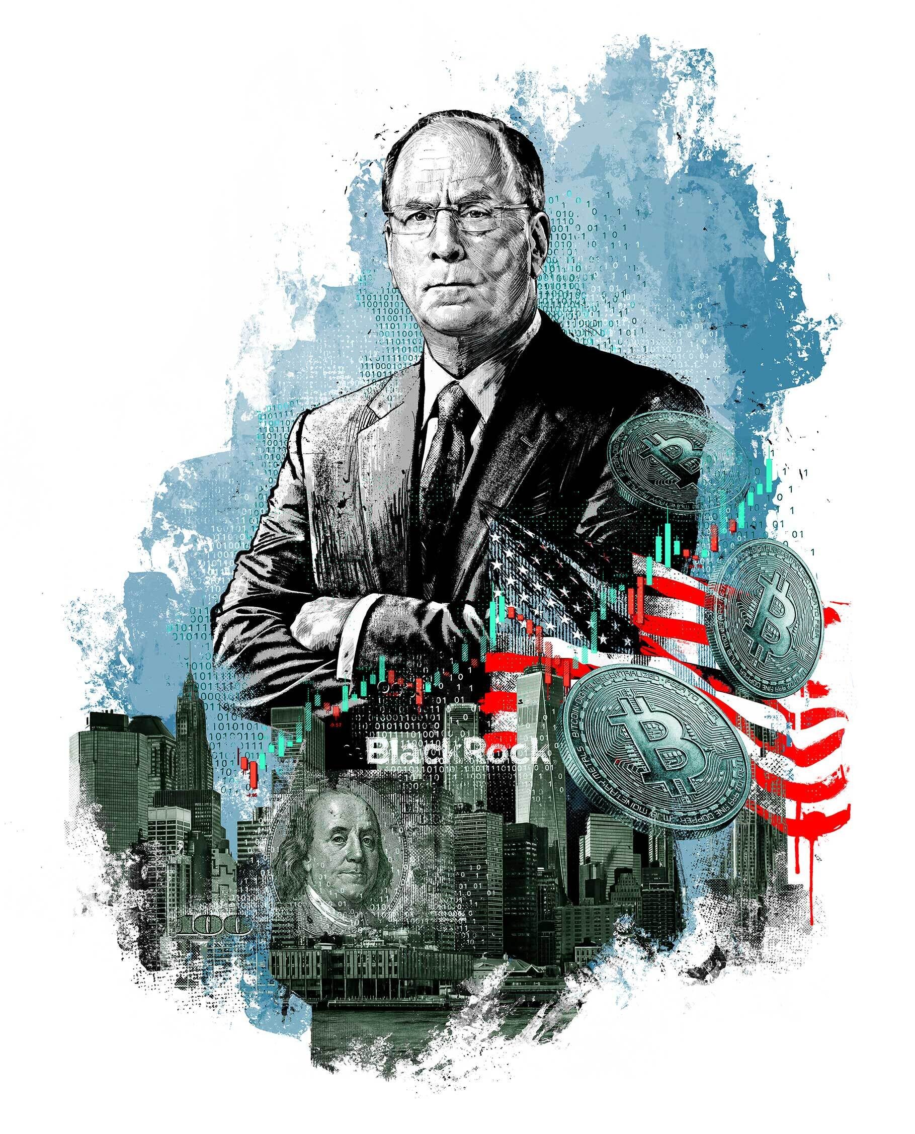 Magazine magazin editorial illustration bilanz schweizer wirtschaftsmagazin crypto krypto invest investment Larry Fink Black Rock usa dollar bitcoin - Kornel Illustration | Kornel Stadler portfolio