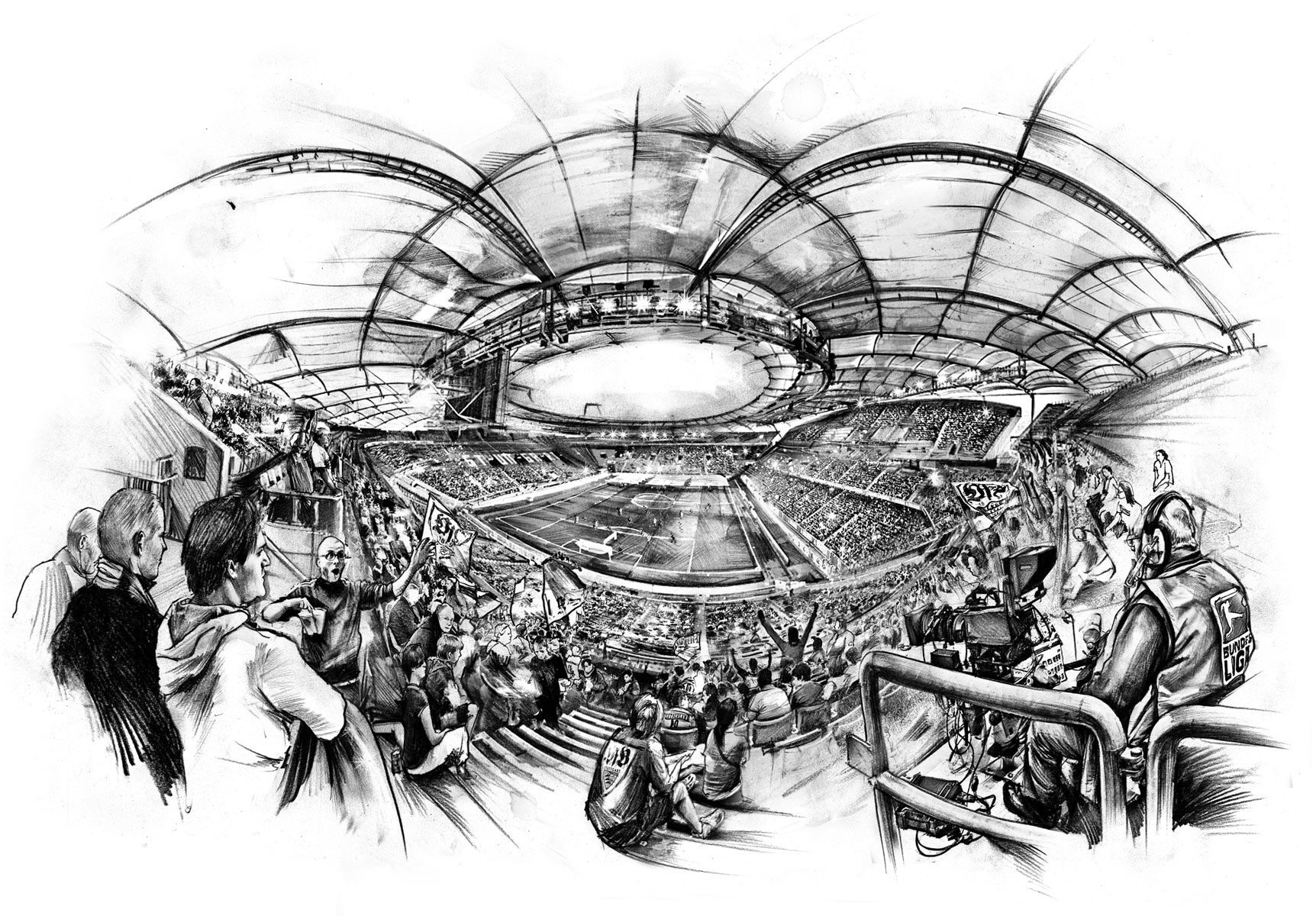 Mercedes Benz Arena mit Publikum1 - Kornel Illustration | Kornel Stadler portfolio
