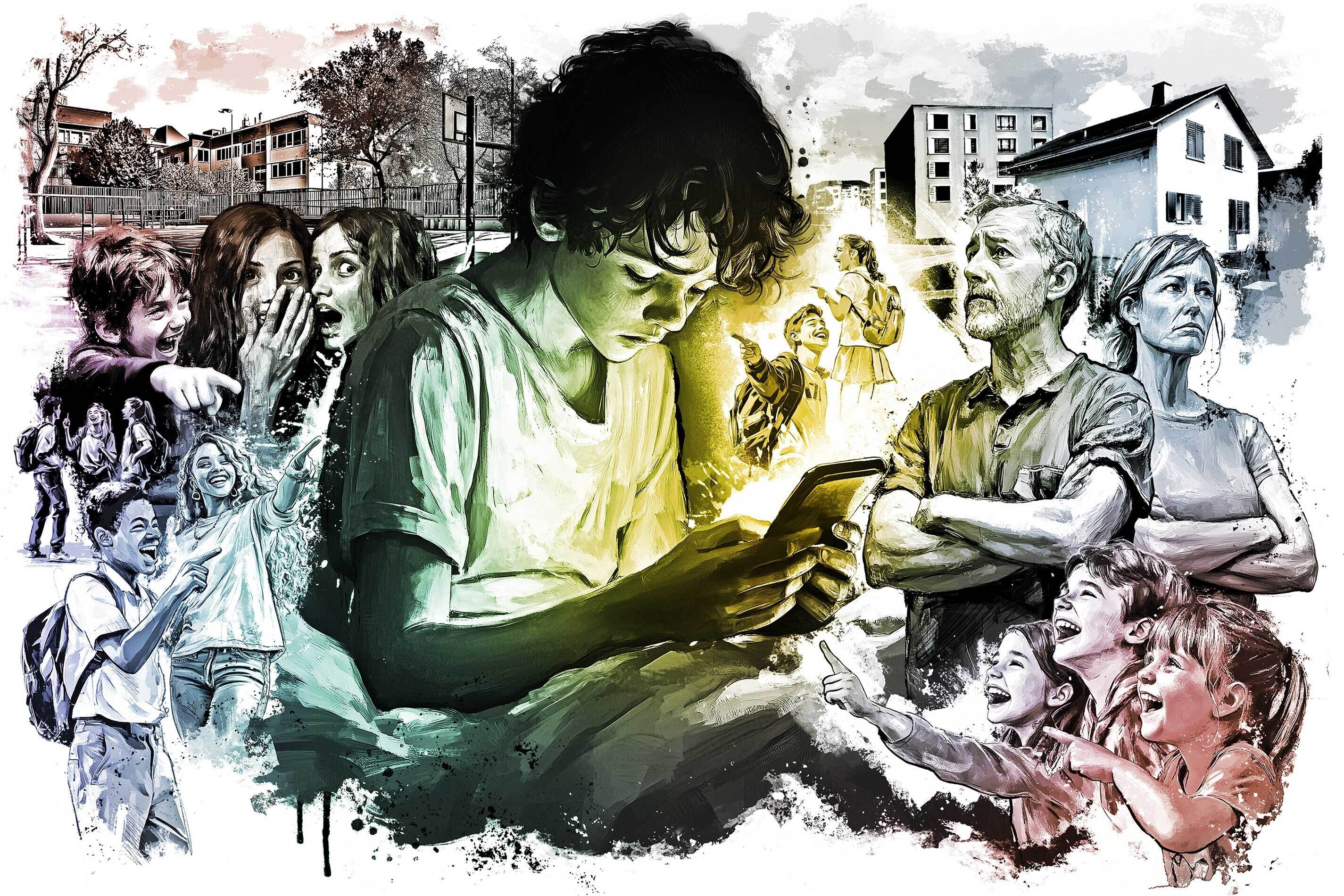 Editorial conceptual illustration newspaper painting mobbing bullying school social media sad boy teens teenager youth gen z drawing - Kornel Illustration | Kornel Stadler portfolio