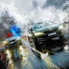 Work Editorial illustration newspaper painting carchase bmw skoda rainy fog foggy action Kornel Illustration | Kornel Stadler