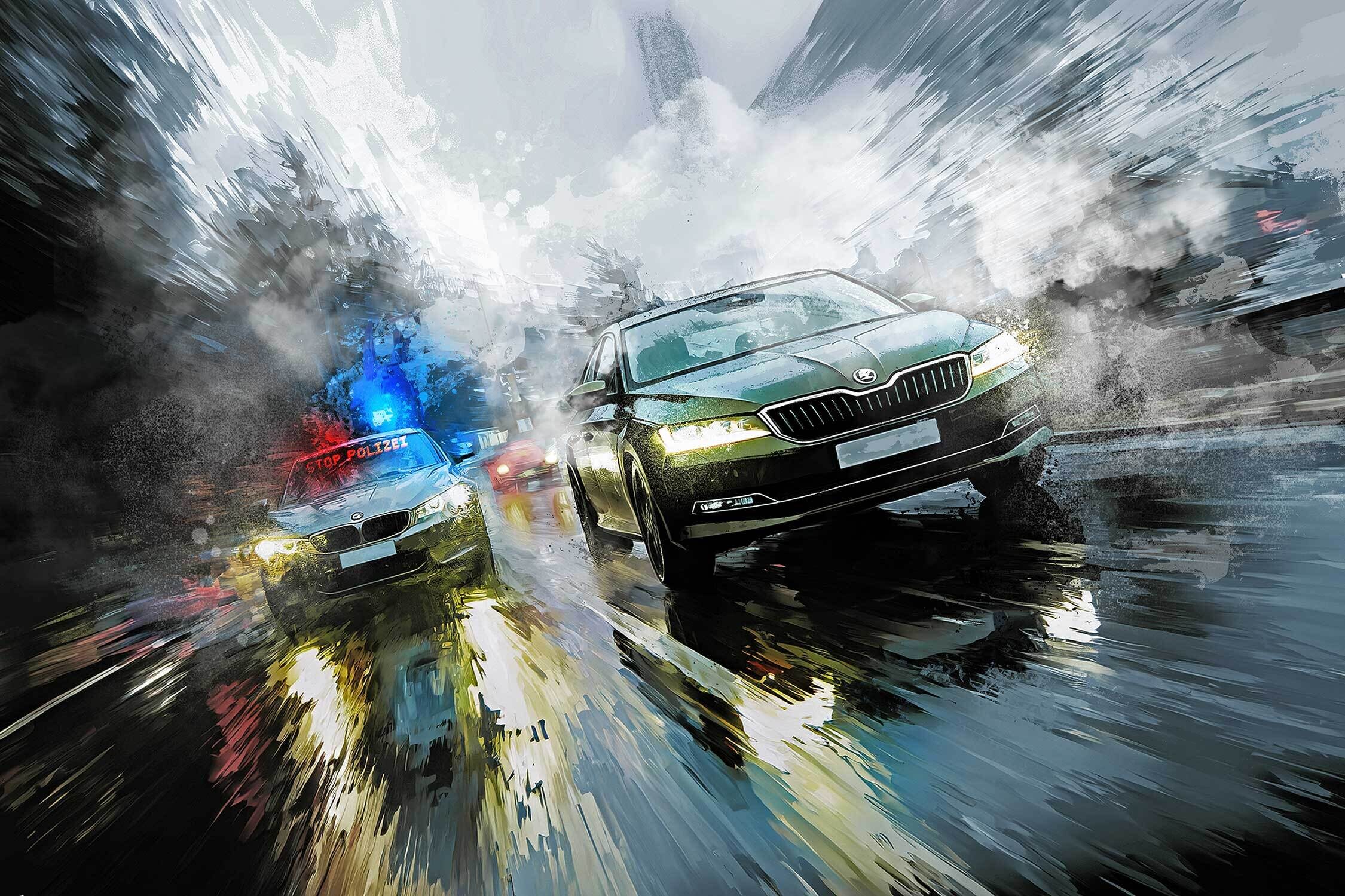 Editorial illustration newspaper painting carchase bmw skoda rainy fog foggy action - Kornel Illustration | Kornel Stadler portfolio