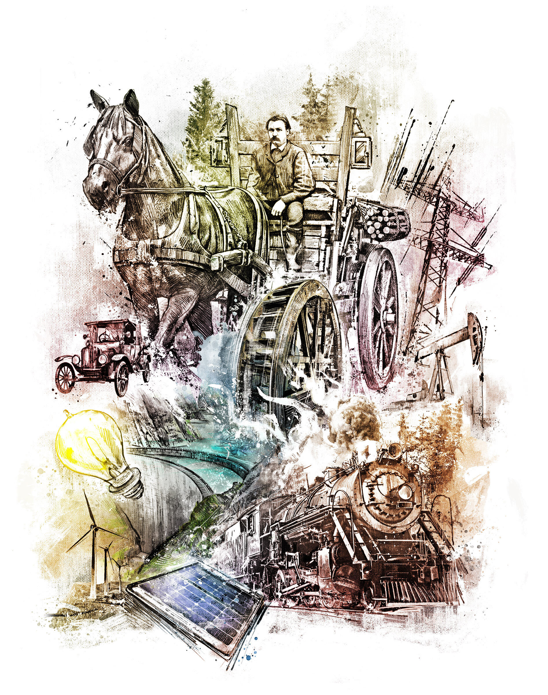History illustration editorial conceptual energy energiemangellage schweiz wasserkraft power drawing zeichnung - Kornel Illustration | Kornel Stadler portfolio