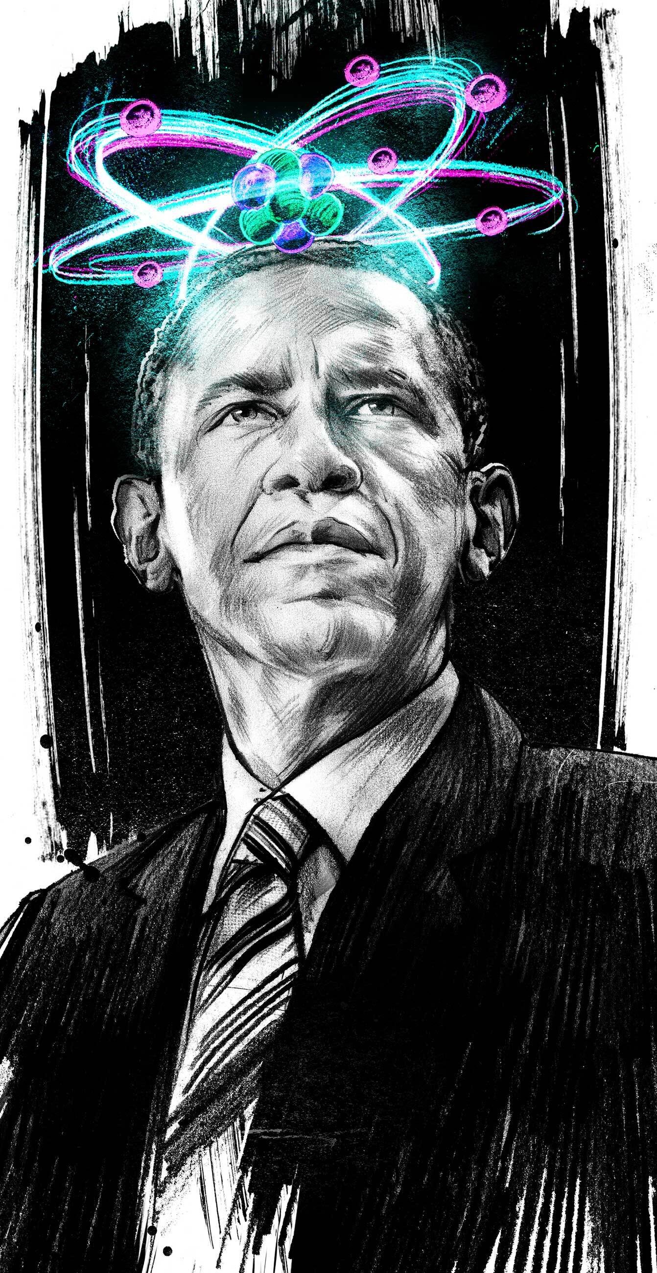 Barack Obama portrait illustration editorial concept conceptual kornel stadler black and white shadow pencil light us president political usa nuklear nuclear deal atom atomic - Kornel Illustration | Kornel Stadler portfolio
