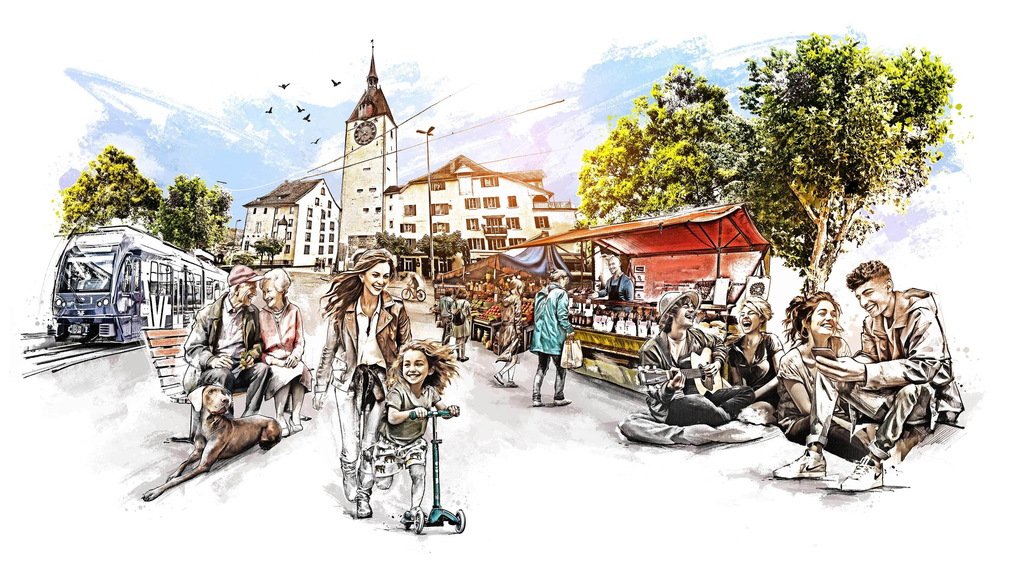 Obertorplatz Spittelturm stadt bremgarten ava jugend kultur illustration altstadt markt platz market place concept lifestyle lebensqualitaet stadtleben jung alt happy tourism mobility nachhaltig - Kornel Illustration | Kornel Stadler portfolio