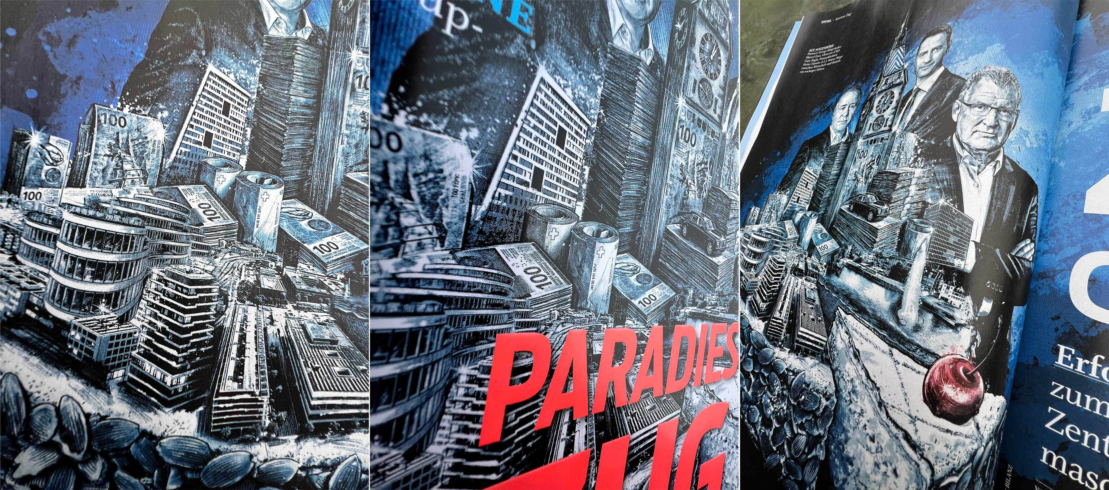 Zug Zuger kirschtorte magazine magazin cover editorial illustration bilanz schweizer wirtschaftsmagazin Heinz Taennler Marcel Erni Gary Nagle Paradise drawing 3 - Kornel Illustration | Kornel Stadler portfolio