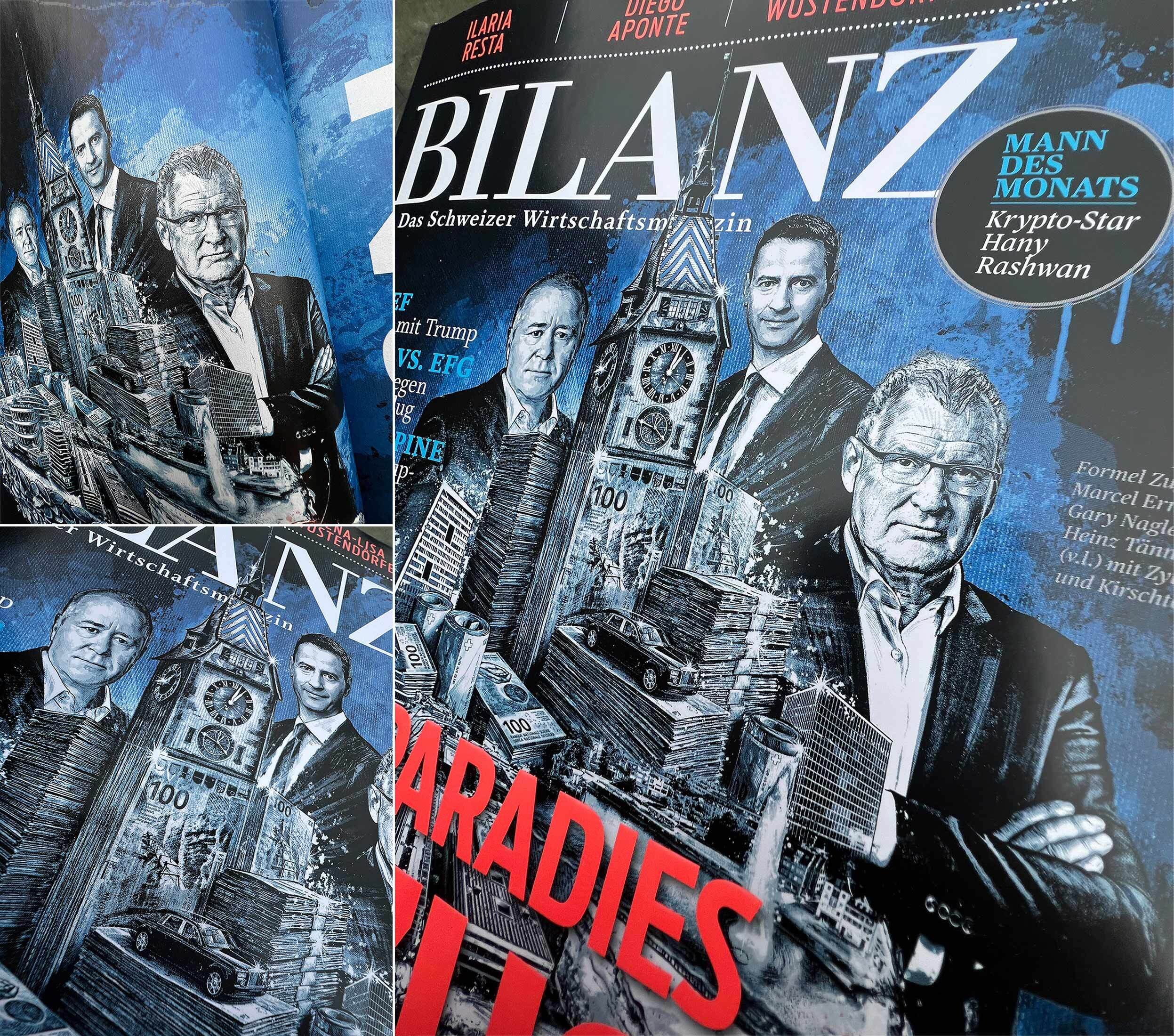 Zug Zuger kirschtorte magazine magazin cover editorial illustration bilanz schweizer wirtschaftsmagazin Heinz Taennler Marcel Erni Gary Nagle Paradise drawing 2 - Kornel Illustration | Kornel Stadler portfolio