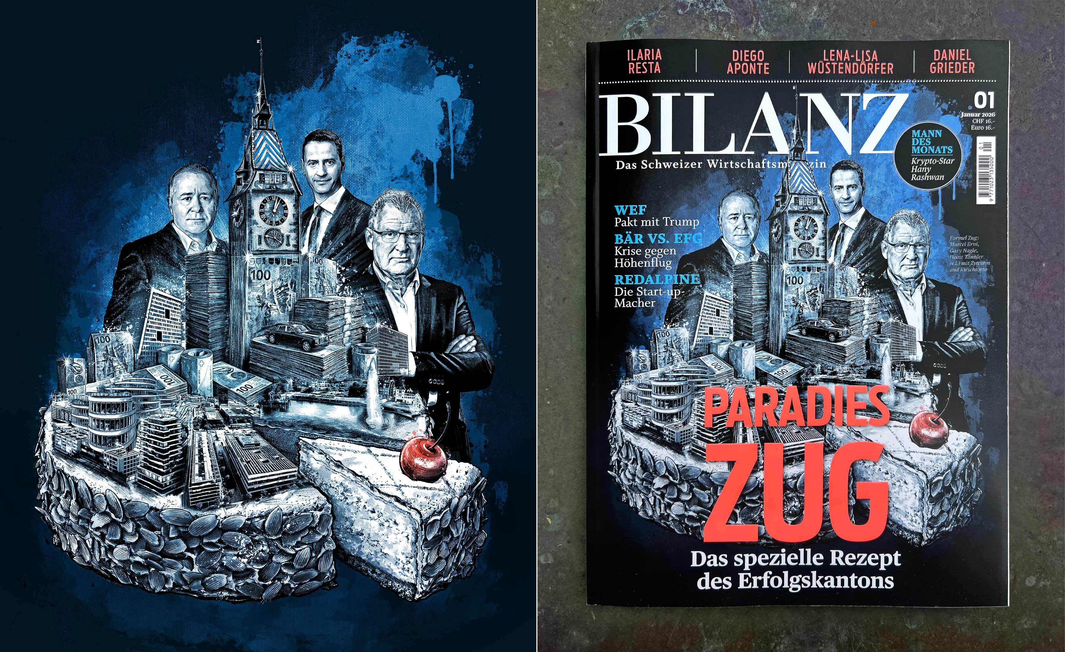Zug Zuger kirschtorte magazine magazin cover editorial illustration bilanz schweizer wirtschaftsmagazin Heinz Taennler Marcel Erni Gary Nagle Paradise drawing 1 - Kornel Illustration | Kornel Stadler portfolio