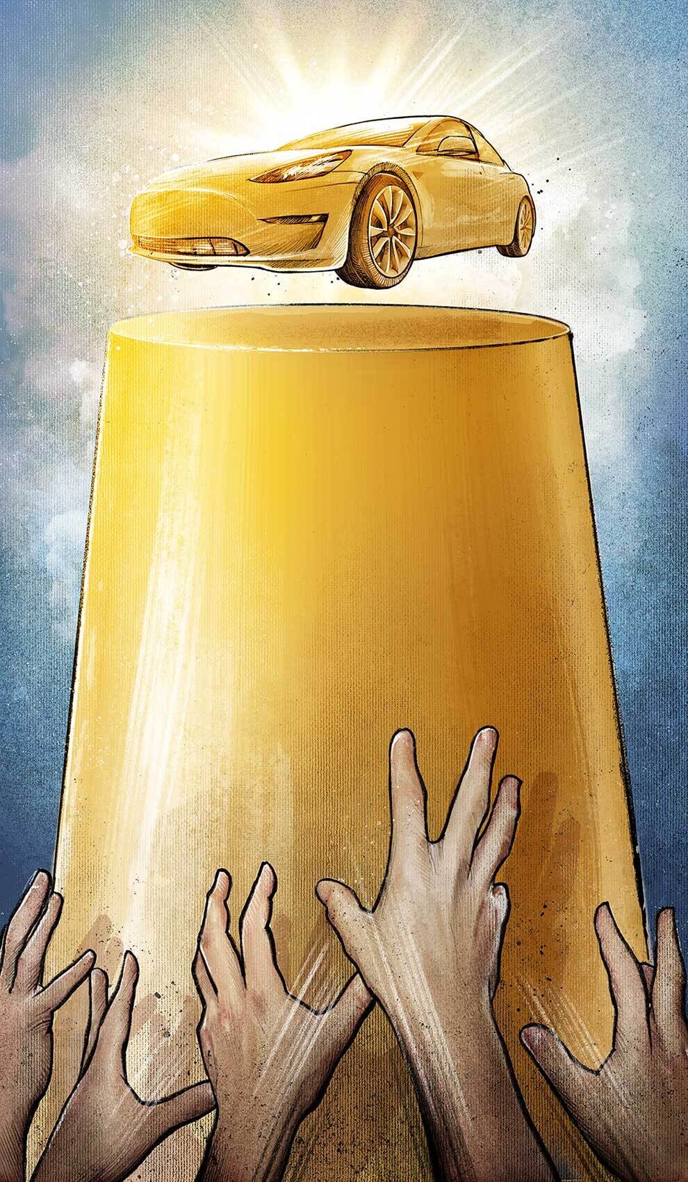 Tesla unreachable gold elon musk illustration - Kornel Illustration | Kornel Stadler portfolio