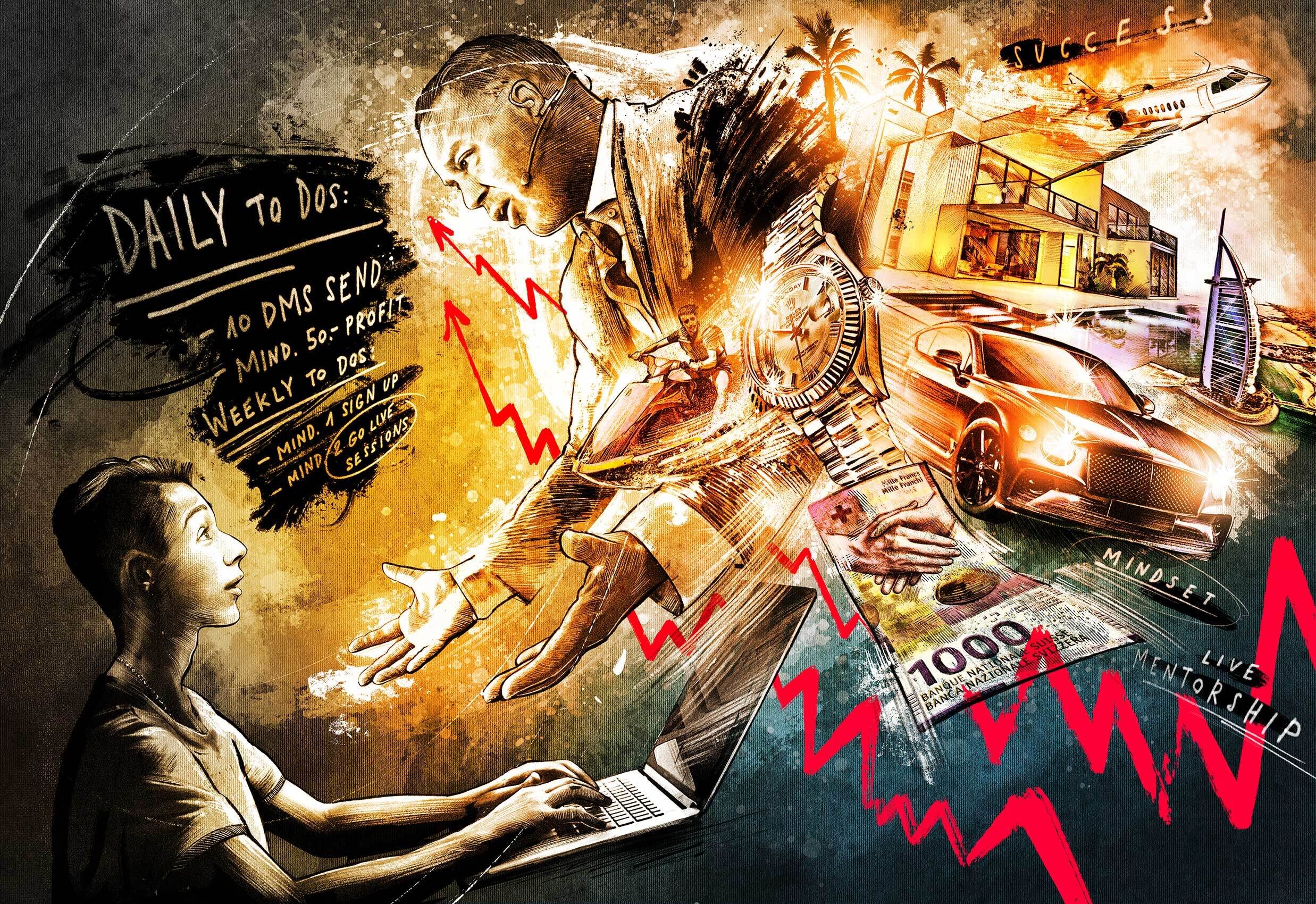 IM Illustration trading money rolex day date bentley mentorship midset luxery geld editorial sekte conceptual mentorship portait illustrator drawing collage - Kornel Illustration | Kornel Stadler portfolio