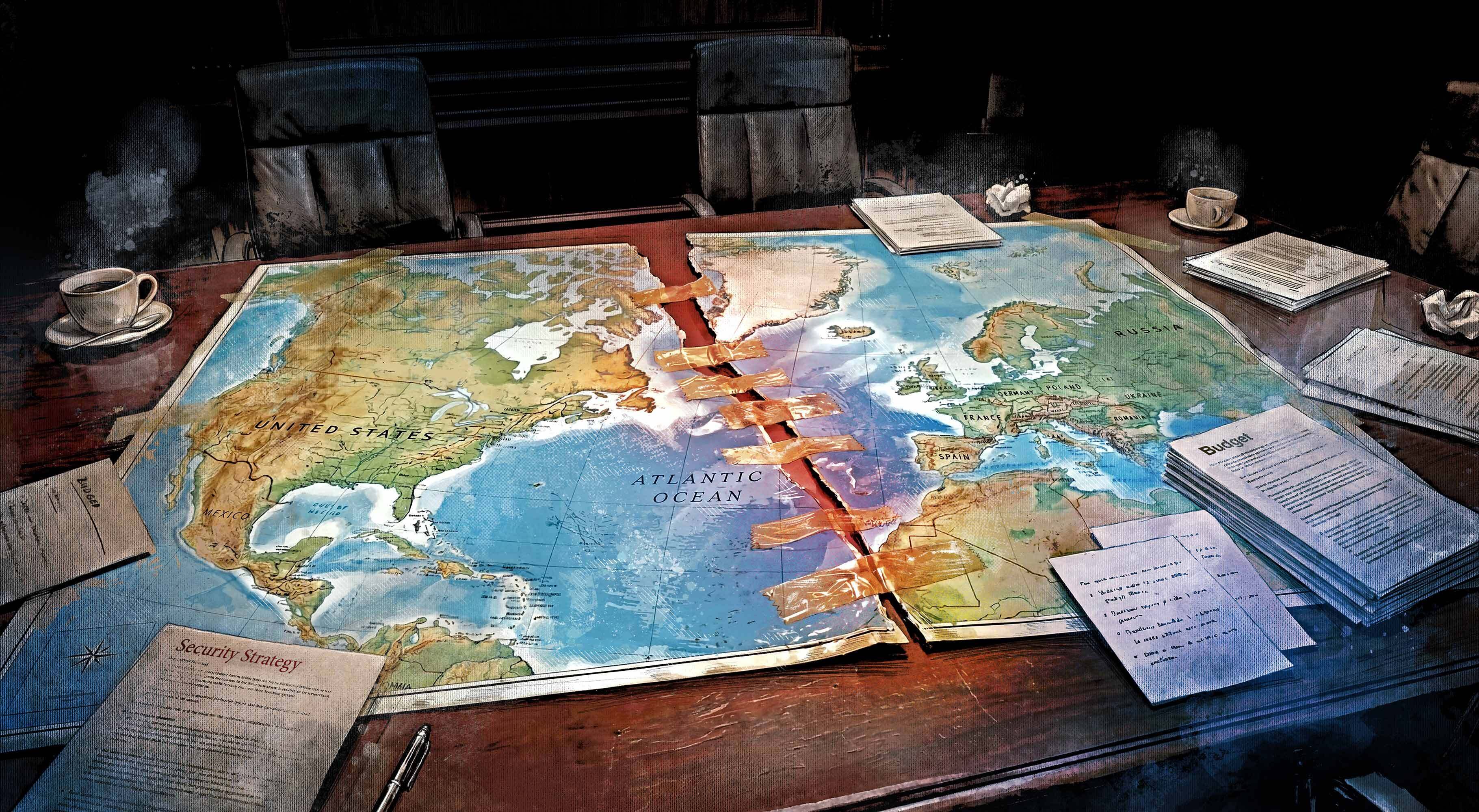 Illustration editorial conceptual concept political transatlantic use Europe Greenland europa riss gap map situation room transatlantik - Kornel Illustration | Kornel Stadler portfolio