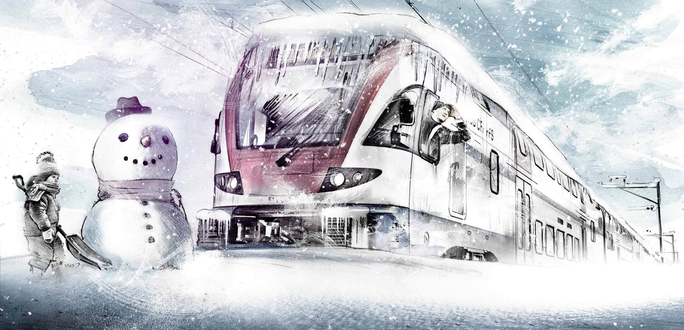 Schnee snow zug verschneit schneemann illustration - Kornel Illustration | Kornel Stadler portfolio