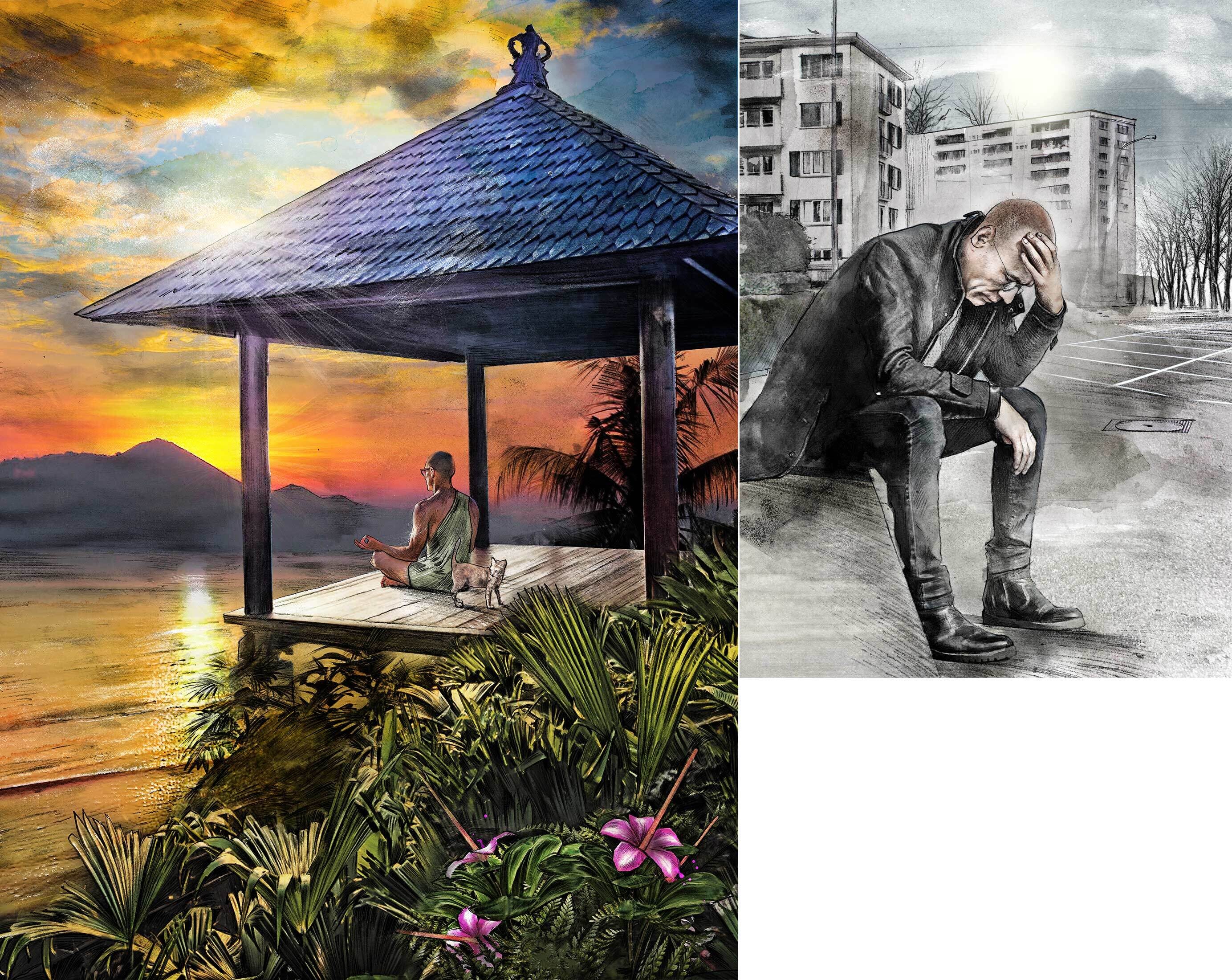 Lombok indonesia illustration meditation sunset - Kornel Illustration | Kornel Stadler portfolio